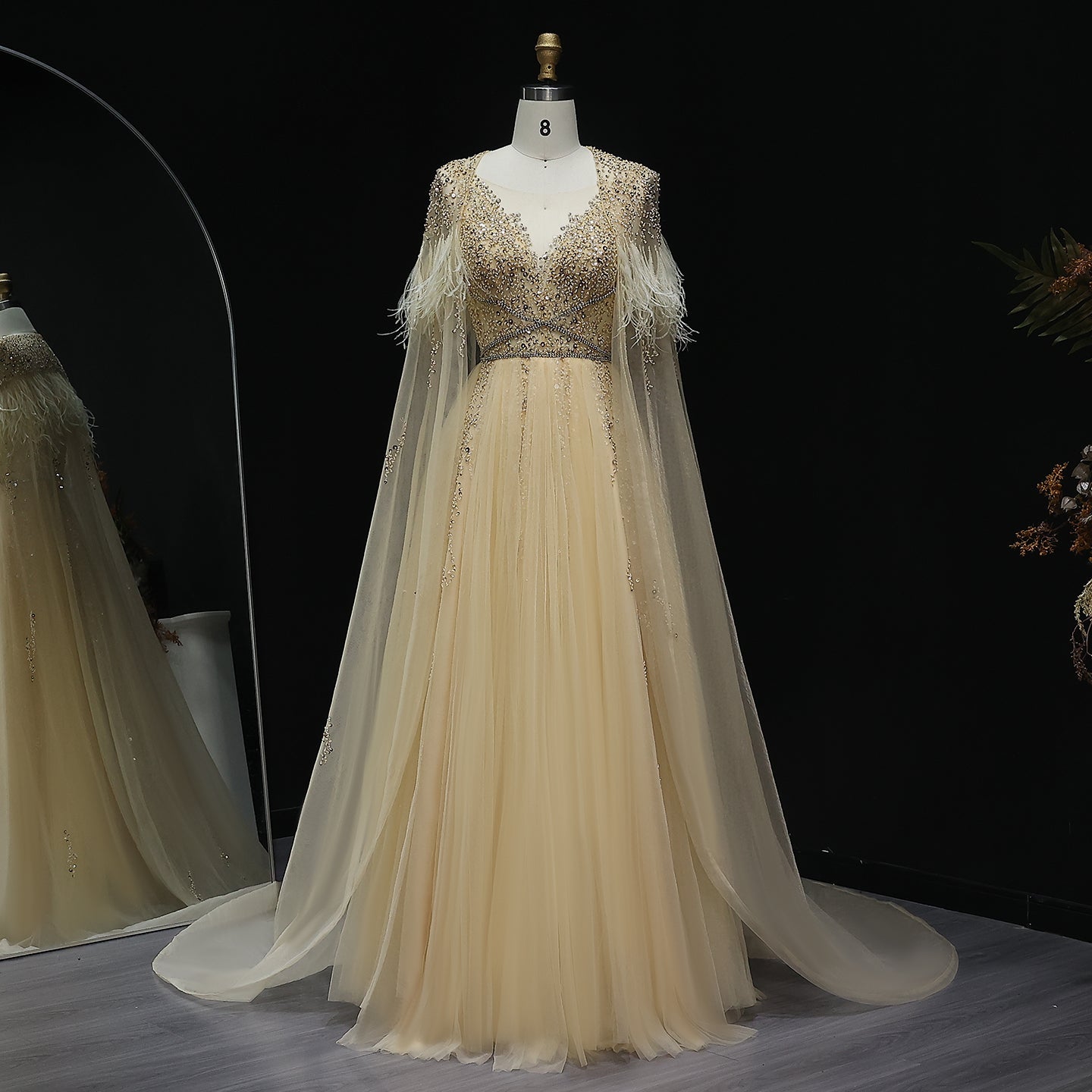 For Sale Silver Evening Dresses with Feather Cape Shawl SS147  Yellow / US 20