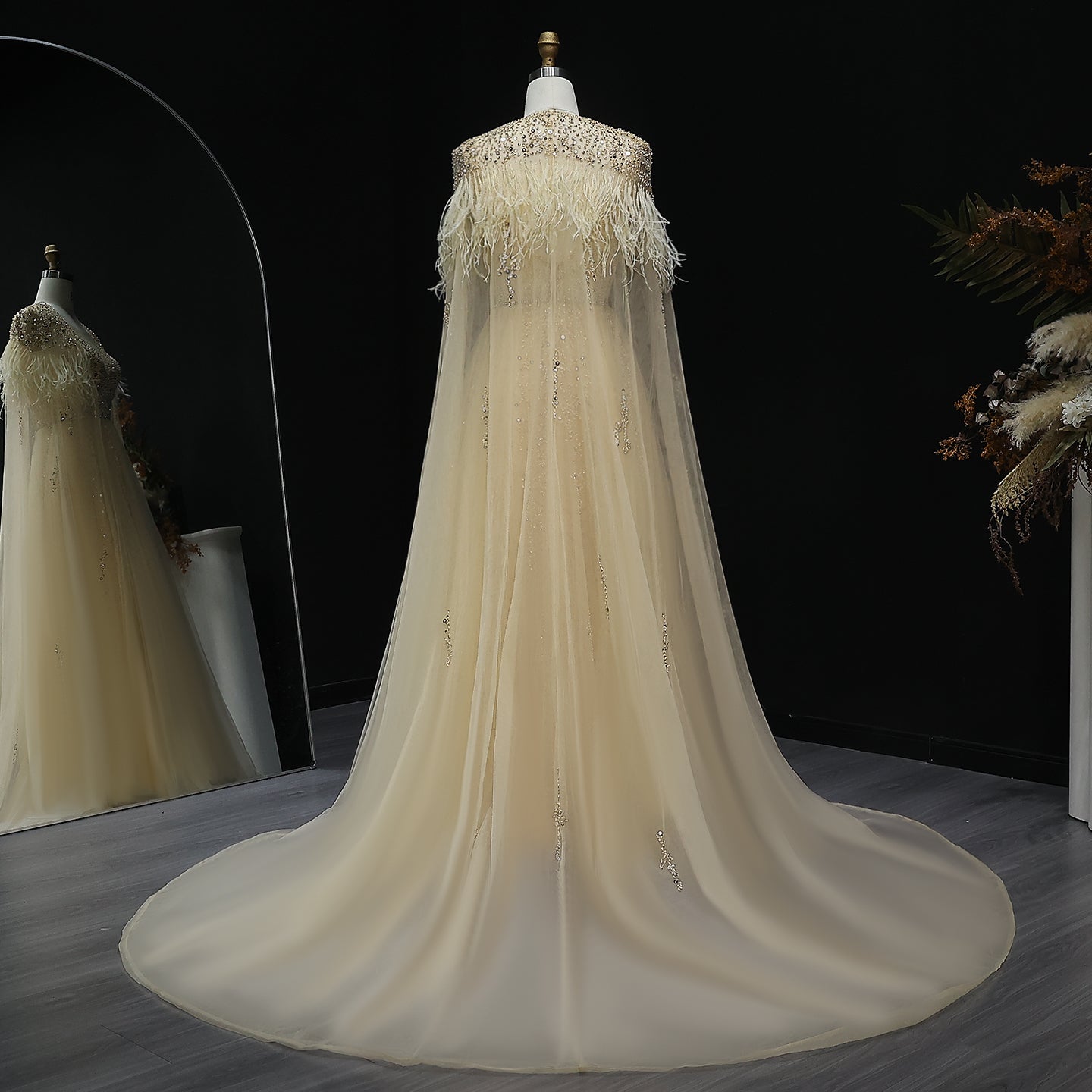 For Sale Silver Evening Dresses with Feather Cape Shawl SS147