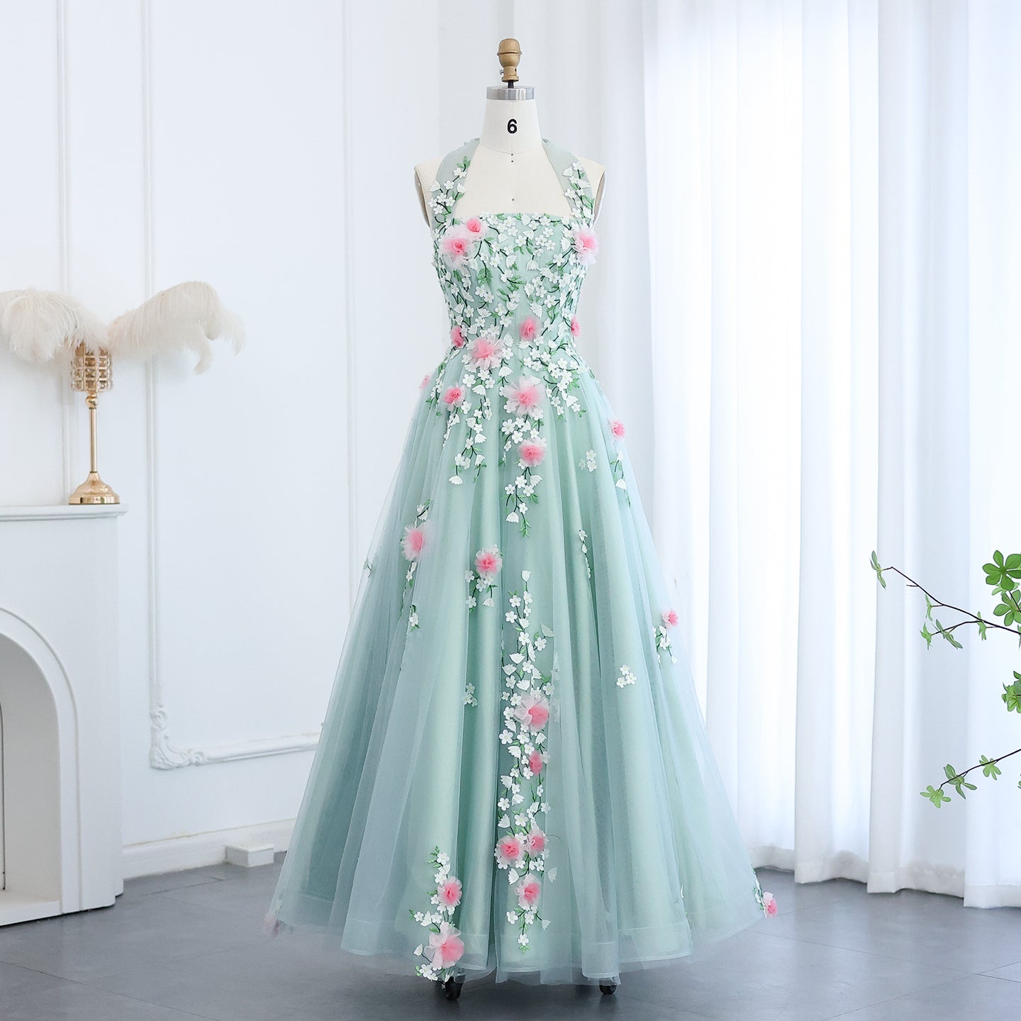 Chic 3D Flowers Halter Aqua Evening Dress SF299