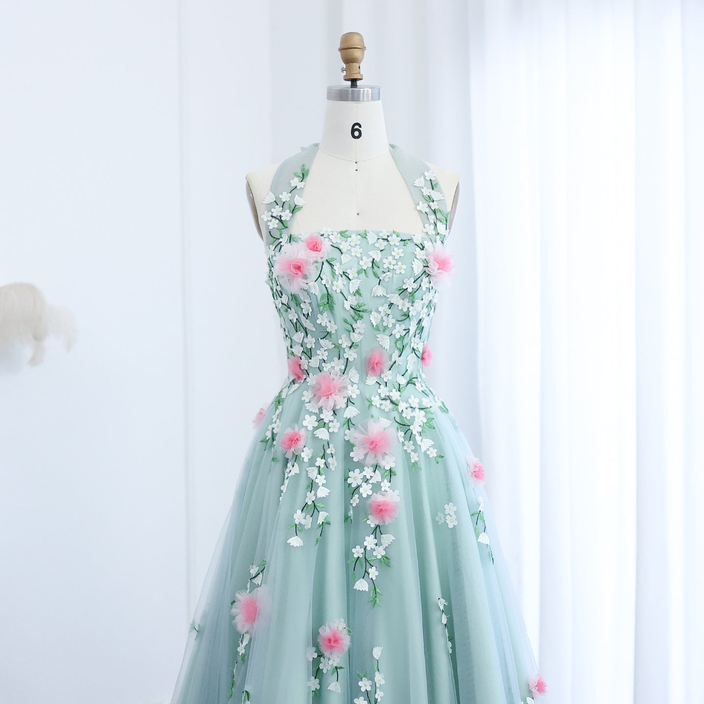 Chic 3D Flowers Halter Aqua Evening Dress SF299