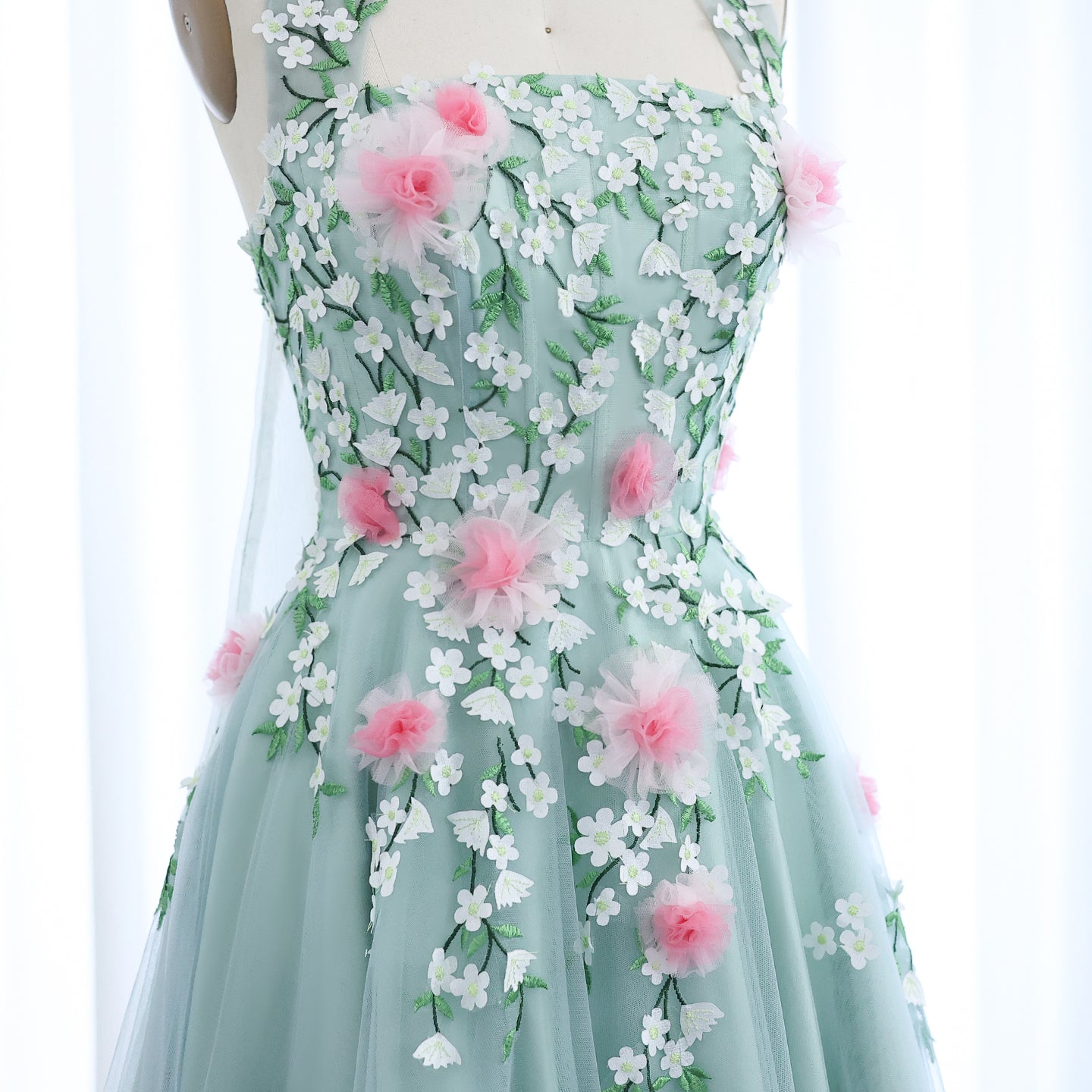Chic 3D Flowers Halter Aqua Evening Dress SF299