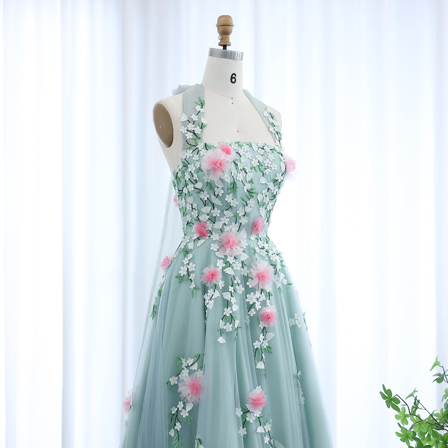 Chic 3D Flowers Halter Aqua Evening Dress SF299