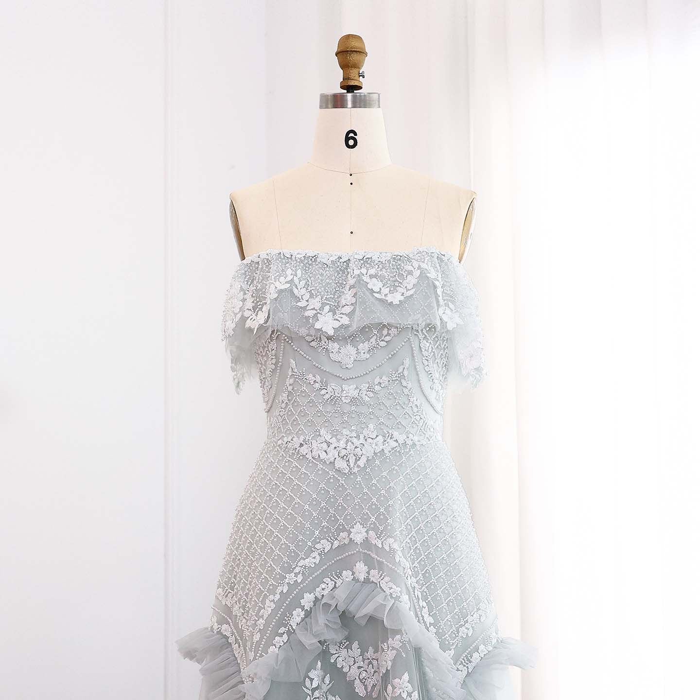 Luxury Silver Gray Off Shoulder Evening Dress SS485