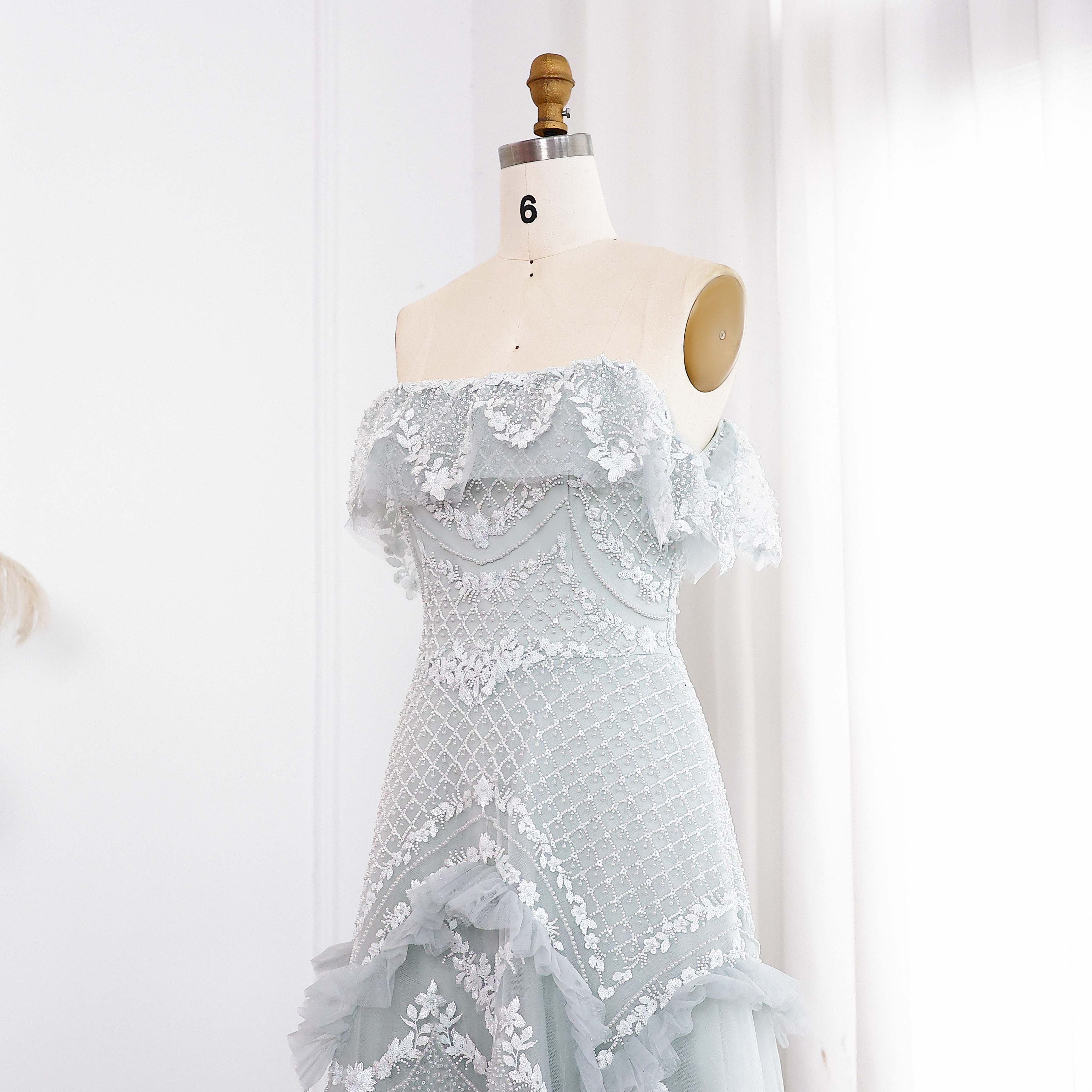 Luxury Silver Gray Off Shoulder Evening Dress SS485