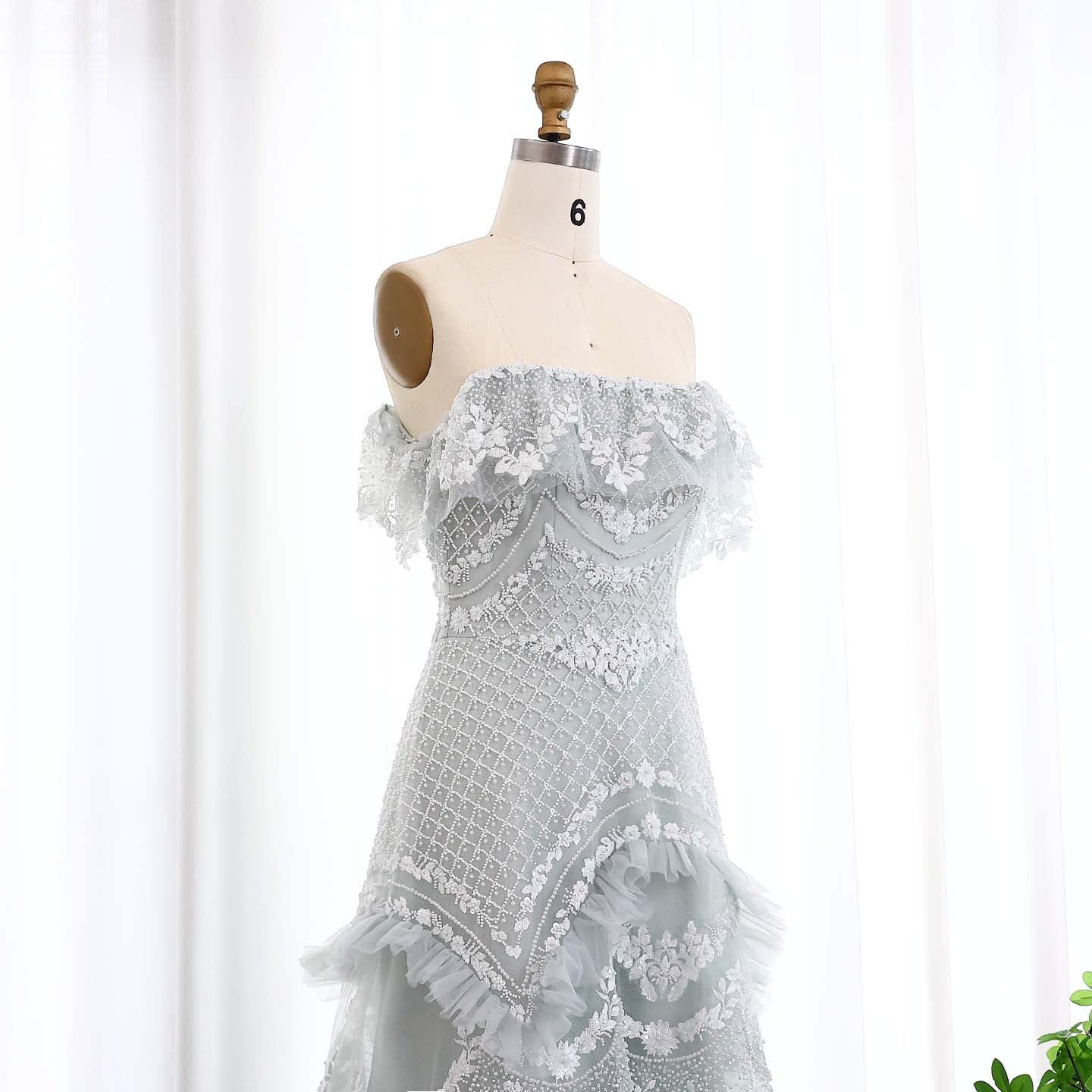 Luxury Silver Gray Off Shoulder Evening Dress SS485