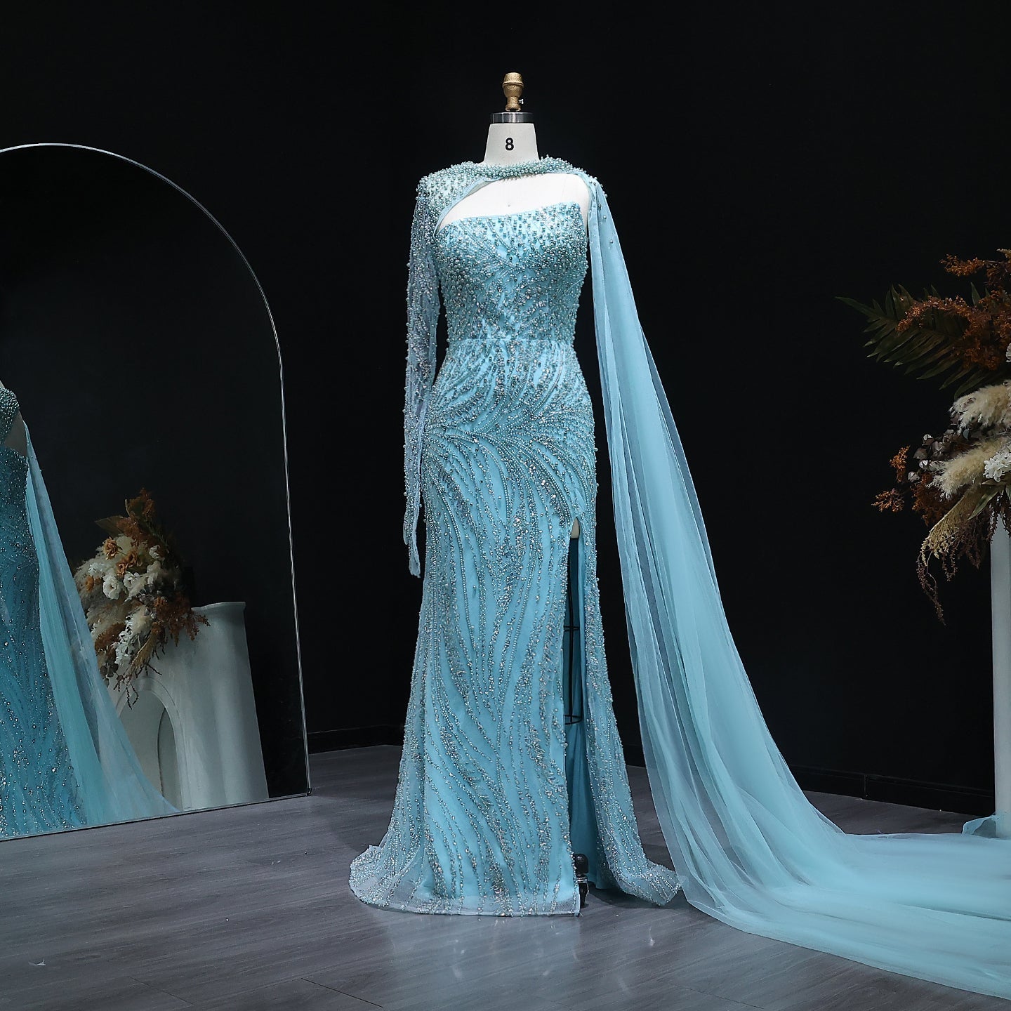 Luxury Turquoise Pearls Evening Dress with Cape Sleeves SS705