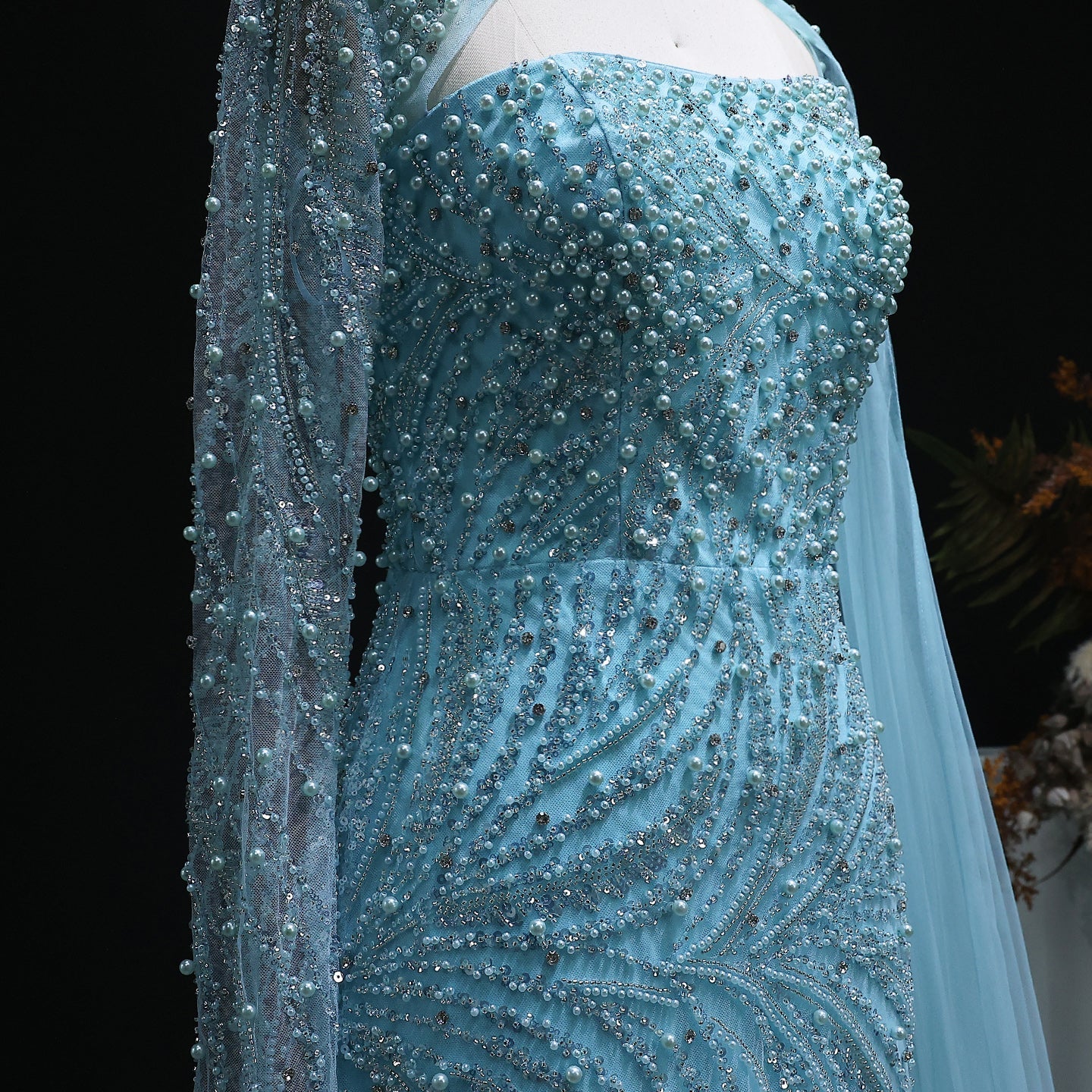 Luxury Turquoise Pearls Evening Dress with Cape Sleeves SS705