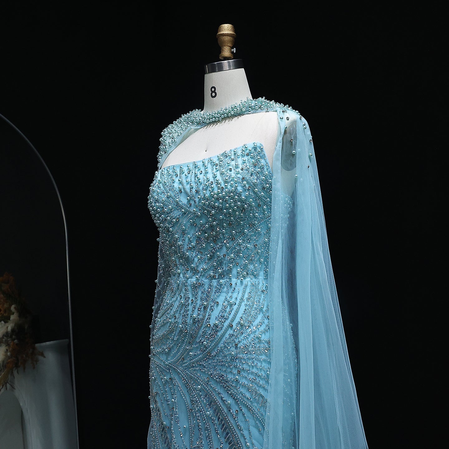 Luxury Turquoise Pearls Evening Dress with Cape Sleeves SS705