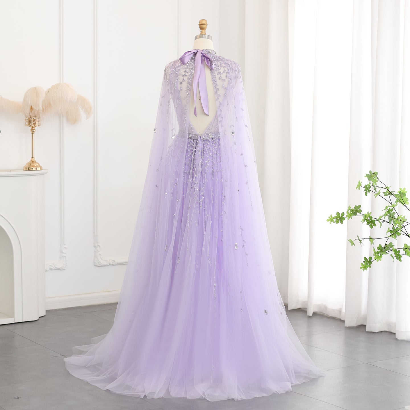 Luxury Beaded Evening Dress with Cape Sleeve SS495