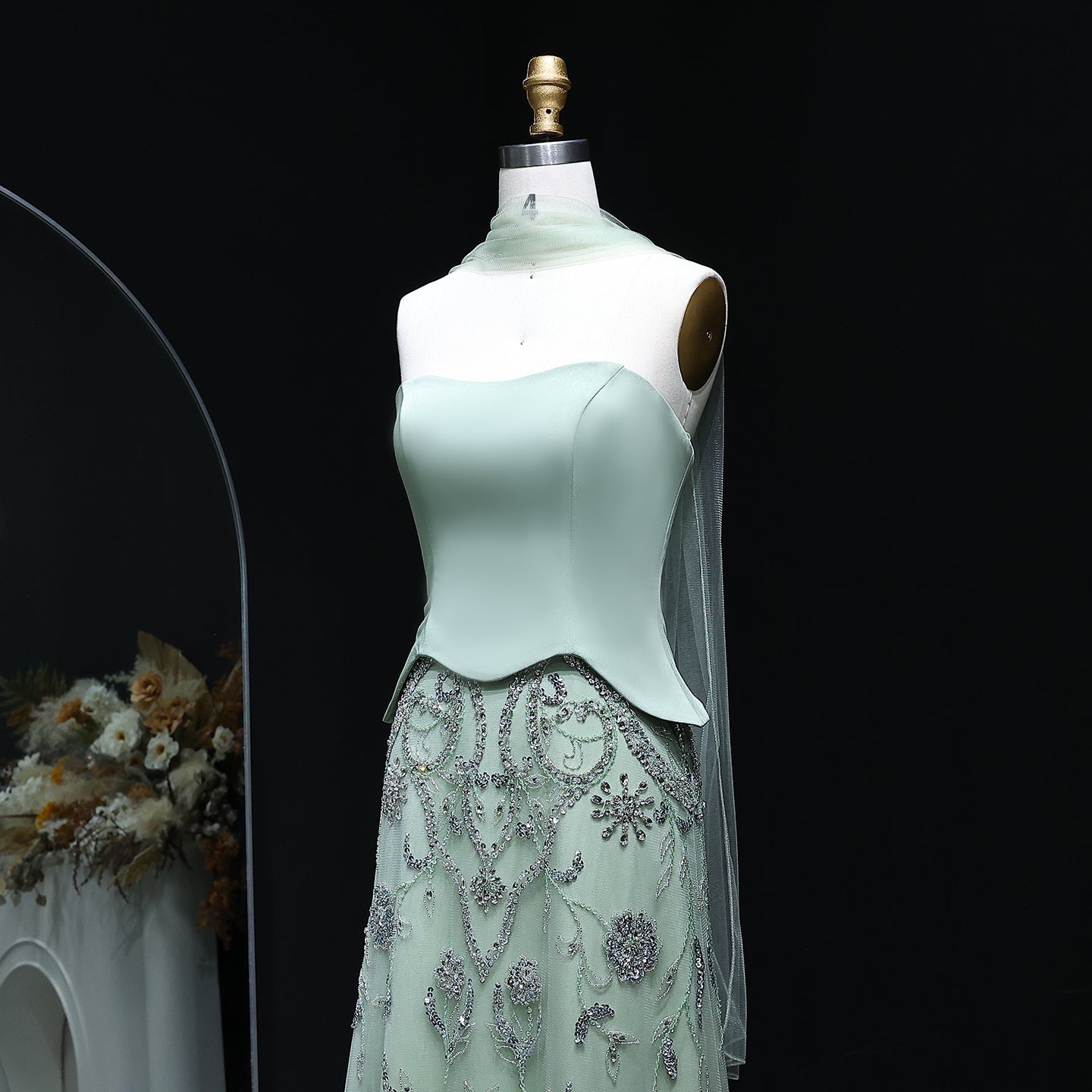 Luxury Sage Green Strapless Evening Dress SS254