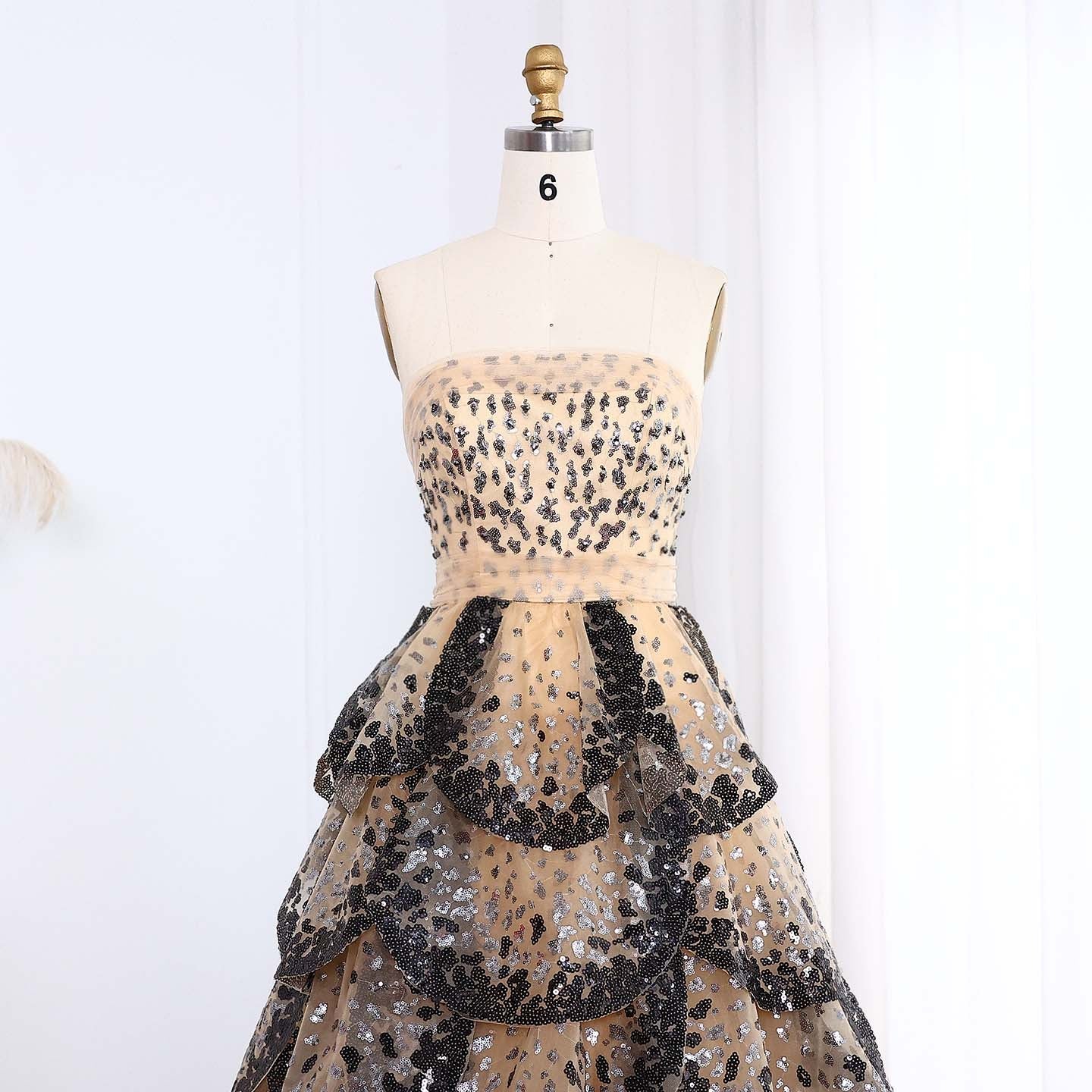 Luxury Black and White Ruffles Strapless Evening Dress SS290