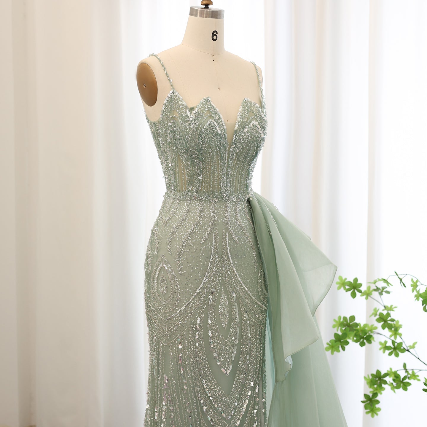 Luxury Spaghetti Sage Green Evening Dress with Overskirt SS039