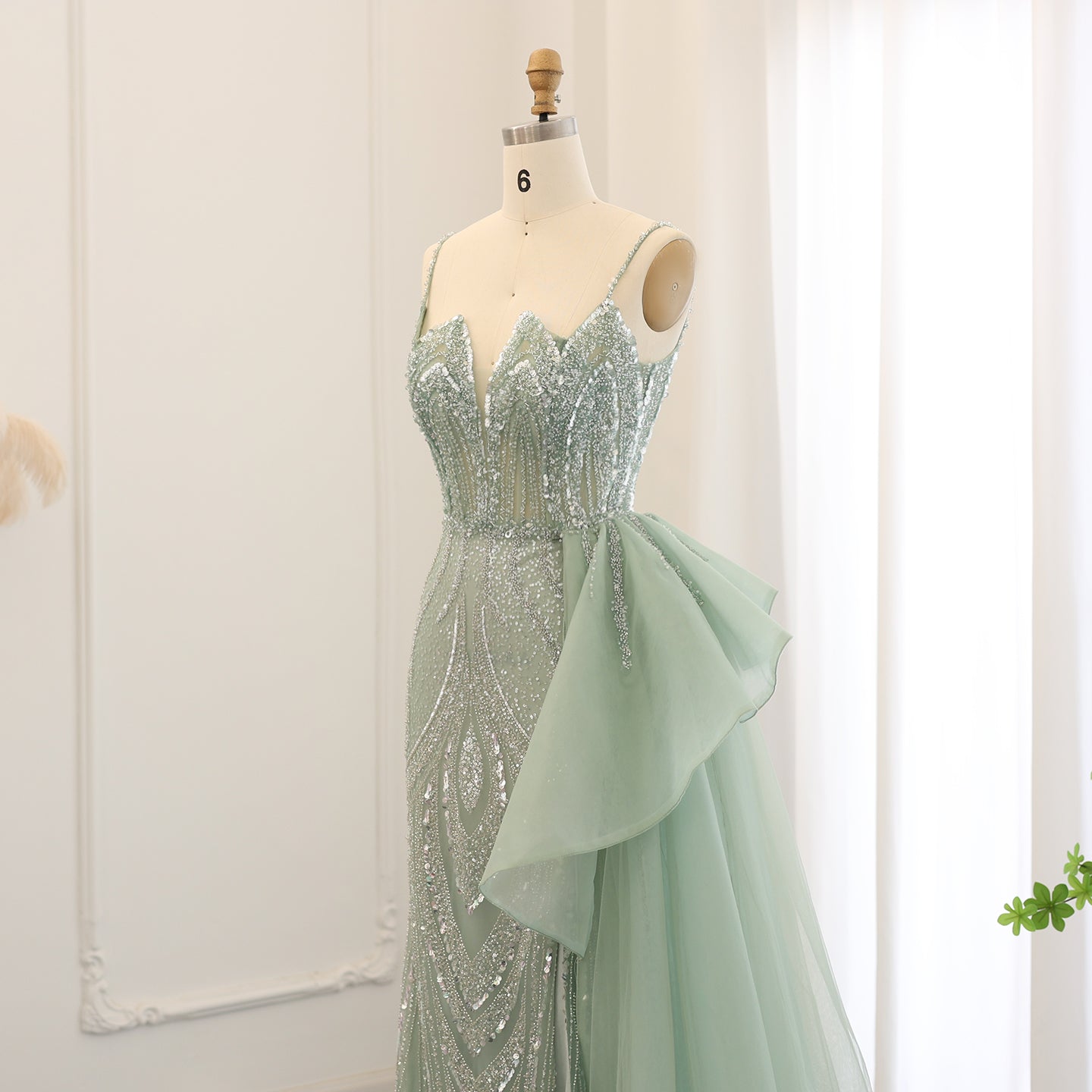 Luxury Spaghetti Sage Green Evening Dress with Overskirt SS039