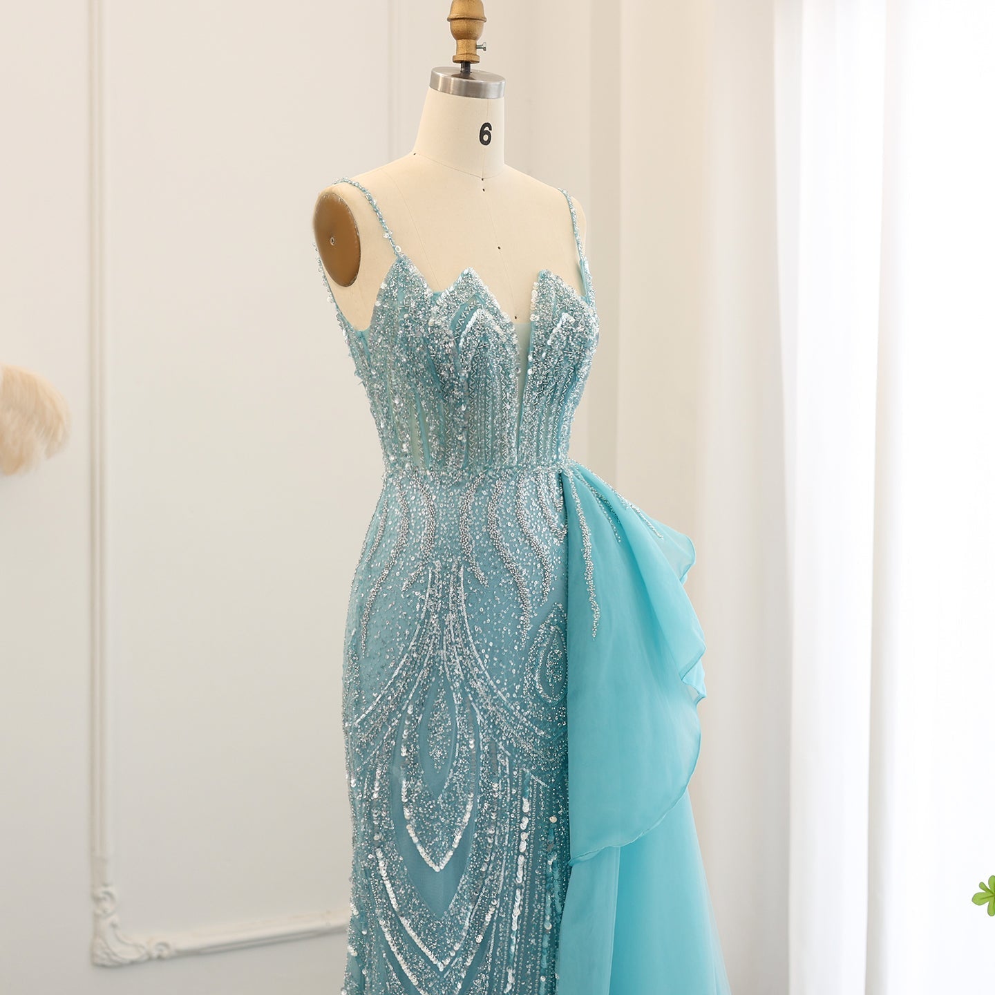 Luxury Spaghetti Sage Green Evening Dress with Overskirt SS039