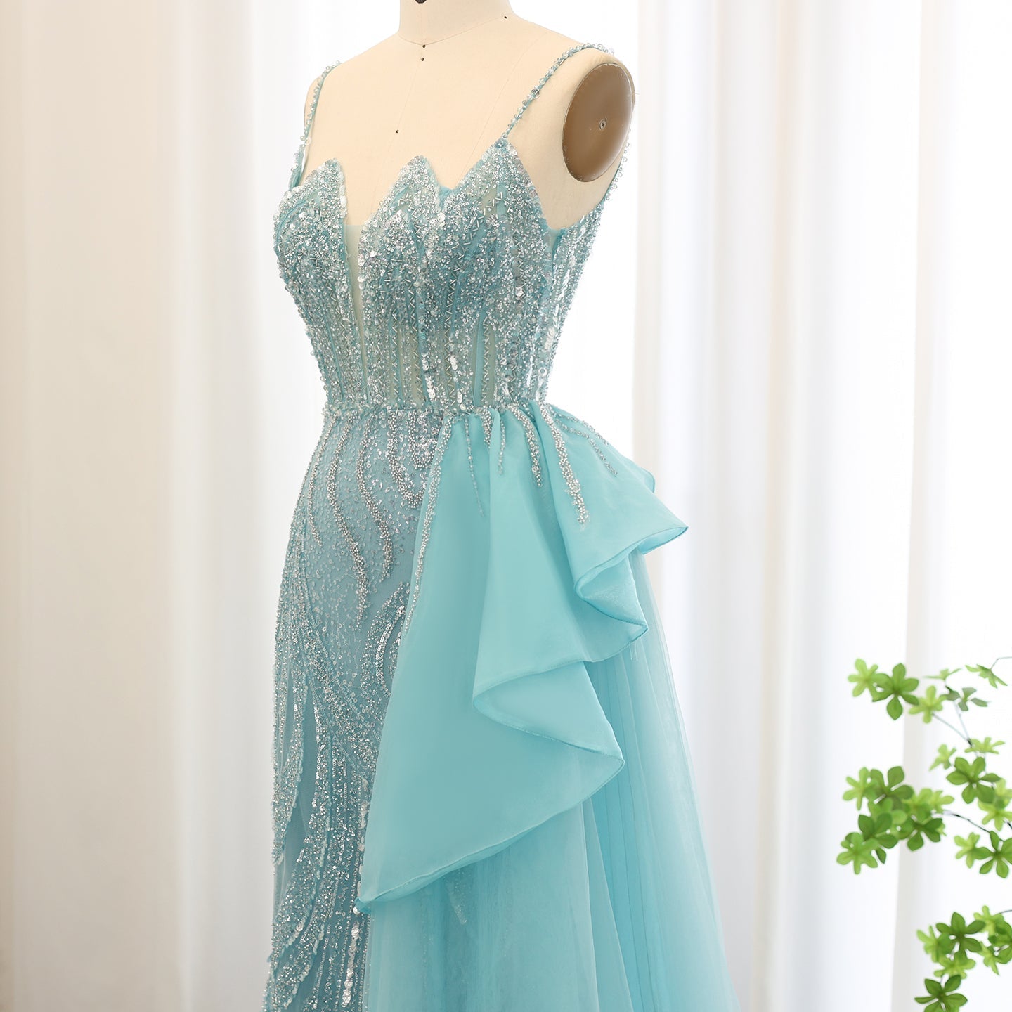 Luxury Spaghetti Sage Green Evening Dress with Overskirt SS039