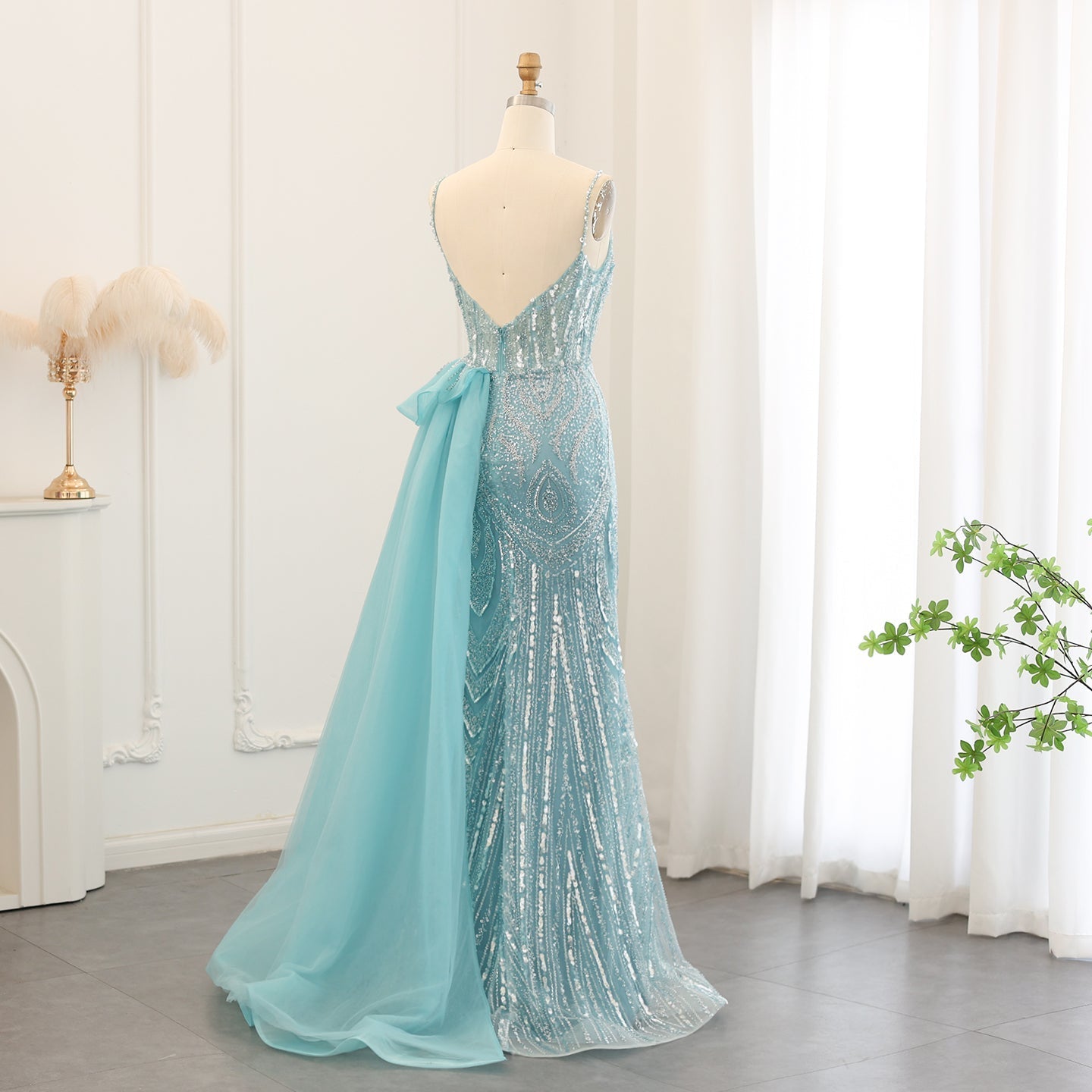 Luxury Spaghetti Sage Green Evening Dress with Overskirt SS039