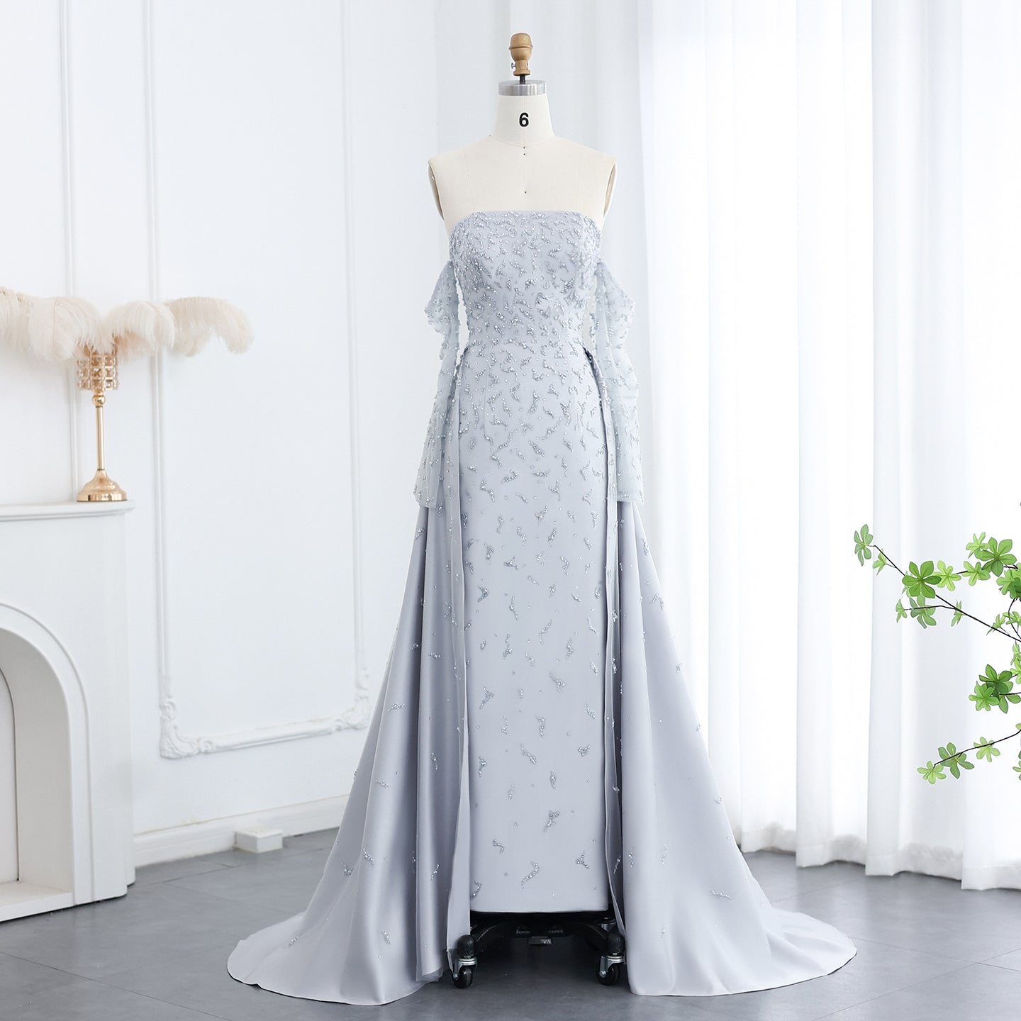 Luxury Silver Gray Evening Dress with Overskirt Sleeves SS484  Gray / US 16