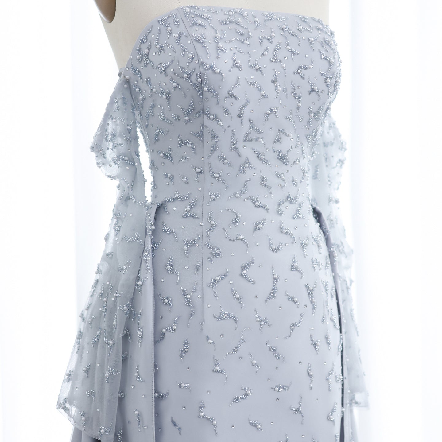 Luxury Silver Gray Evening Dress with Overskirt Sleeves SS484