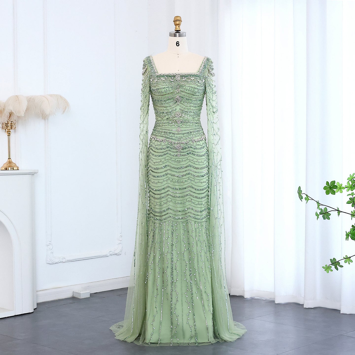 Luxury Caramel Square Neck Evening Dress with Cape Sleeves SS330  Green / US 16