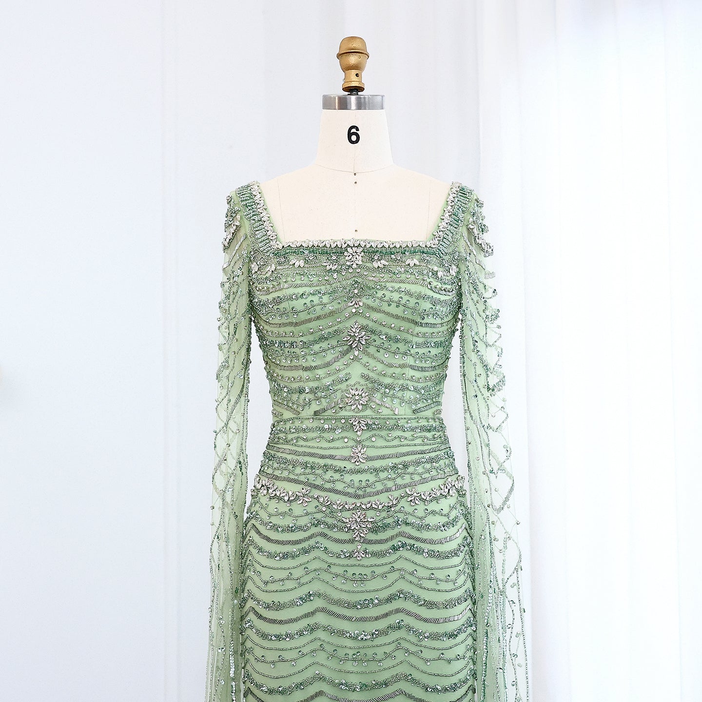 Luxury Caramel Square Neck Evening Dress with Cape Sleeves SS330