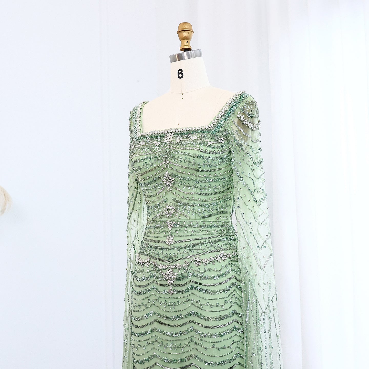 Luxury Caramel Square Neck Evening Dress with Cape Sleeves SS330