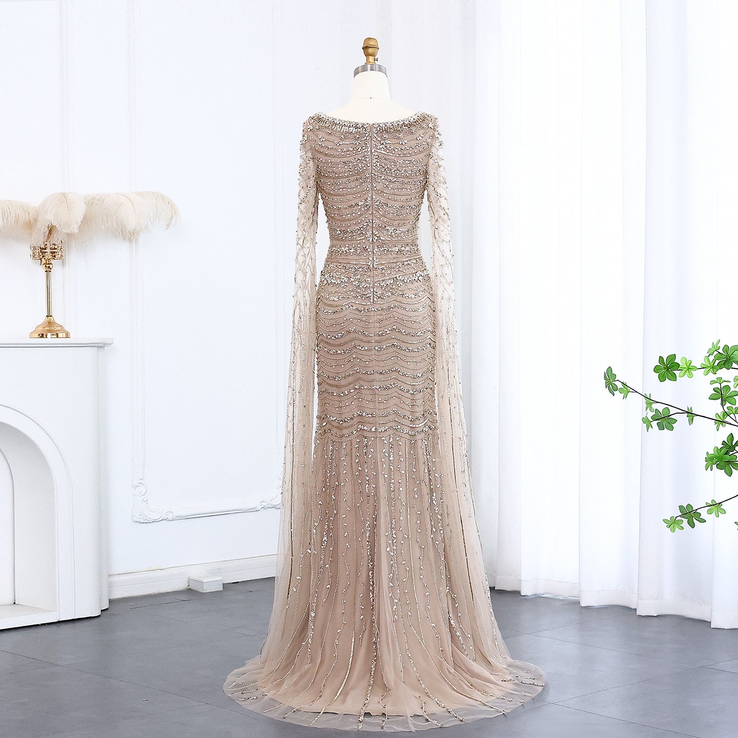 Luxury Caramel Square Neck Evening Dress with Cape Sleeves SS330