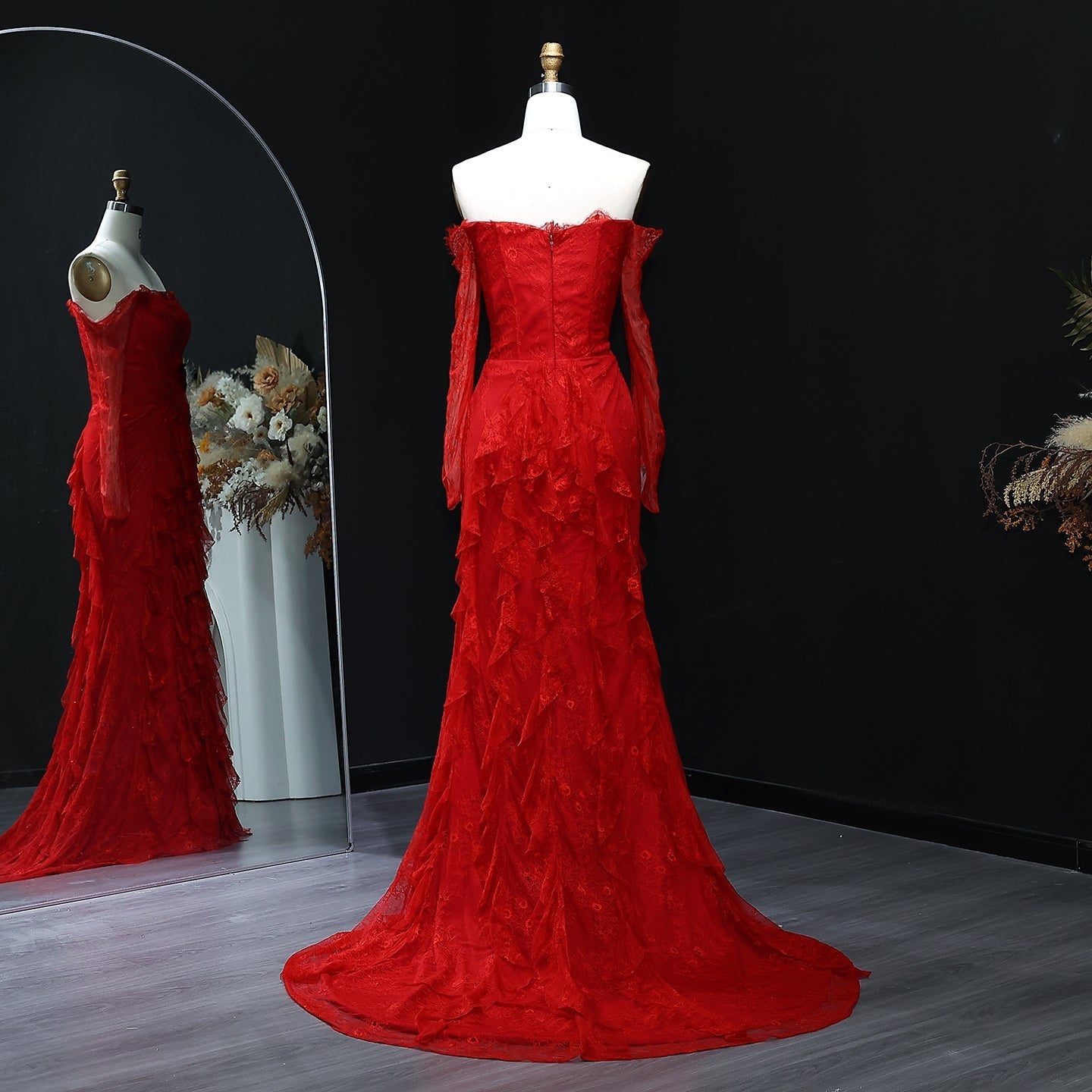 Elegant Blue Off Shoulder Lace Evening Dress SF519