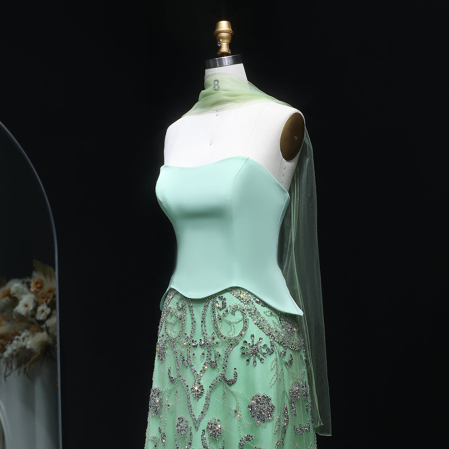 Luxury Sage Green Strapless Evening Dress SS254