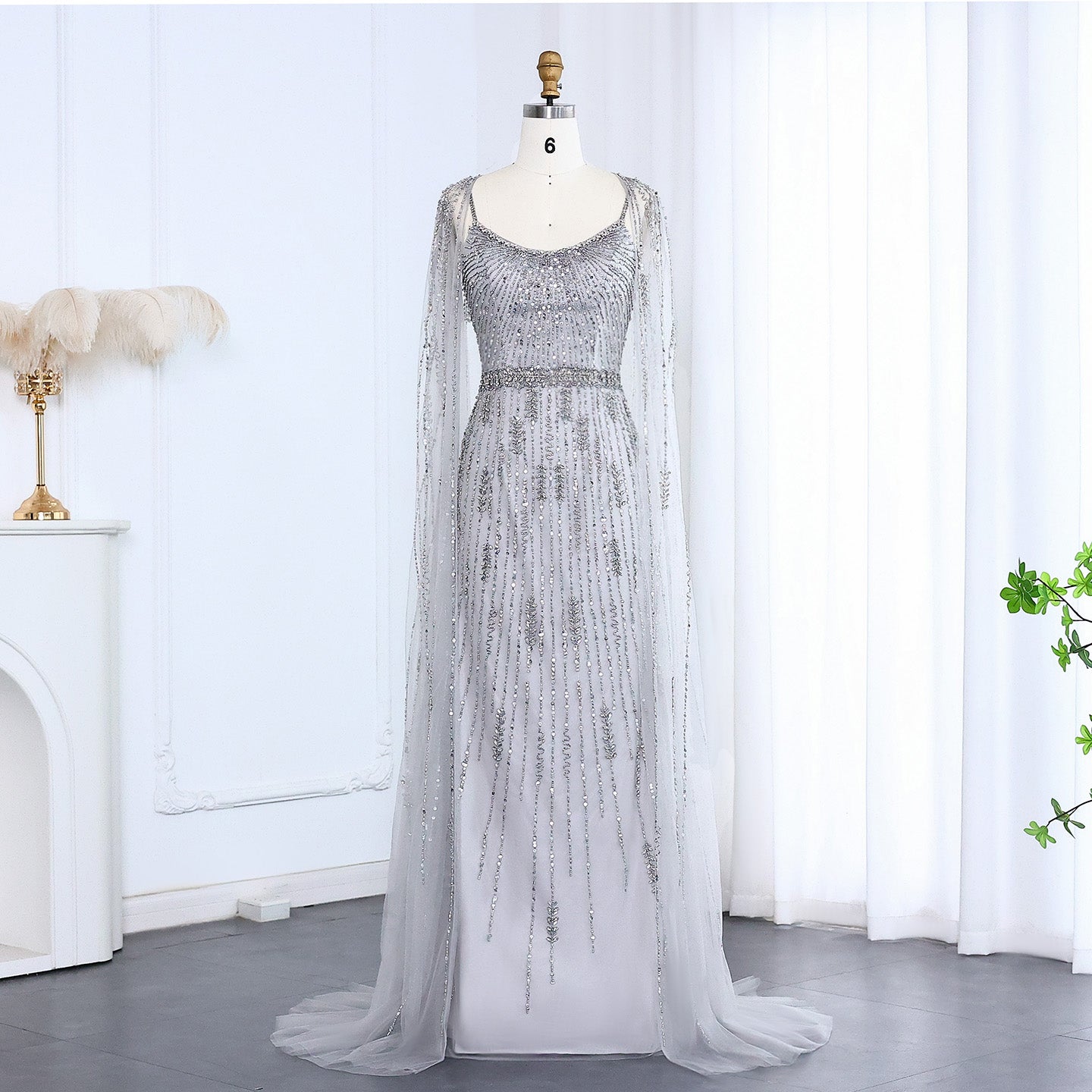 Luxury Beaded Champagne Evening Dress with Cape SS590  Gray / US 16