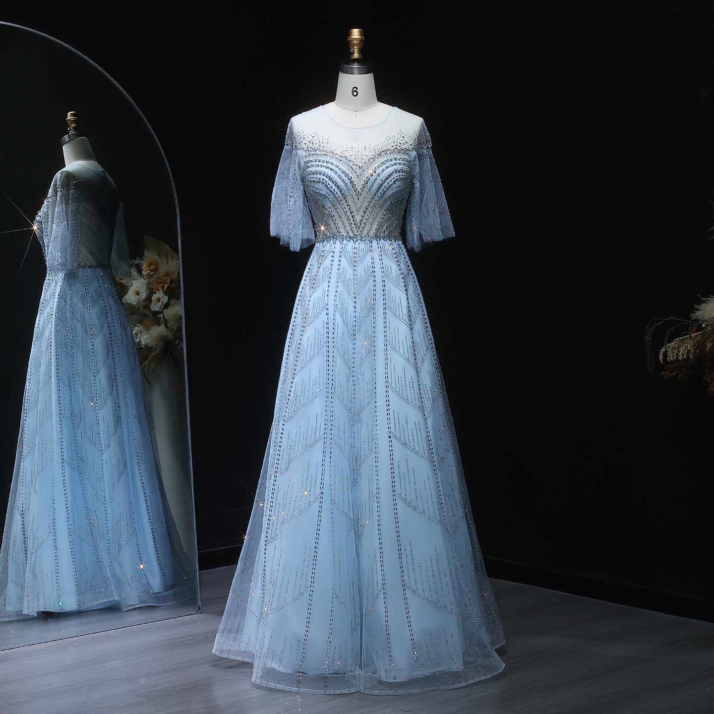 Sparkly Crystal Plus Size Women Evening Dress with Flare Sleeves SS036  Blue / US 20