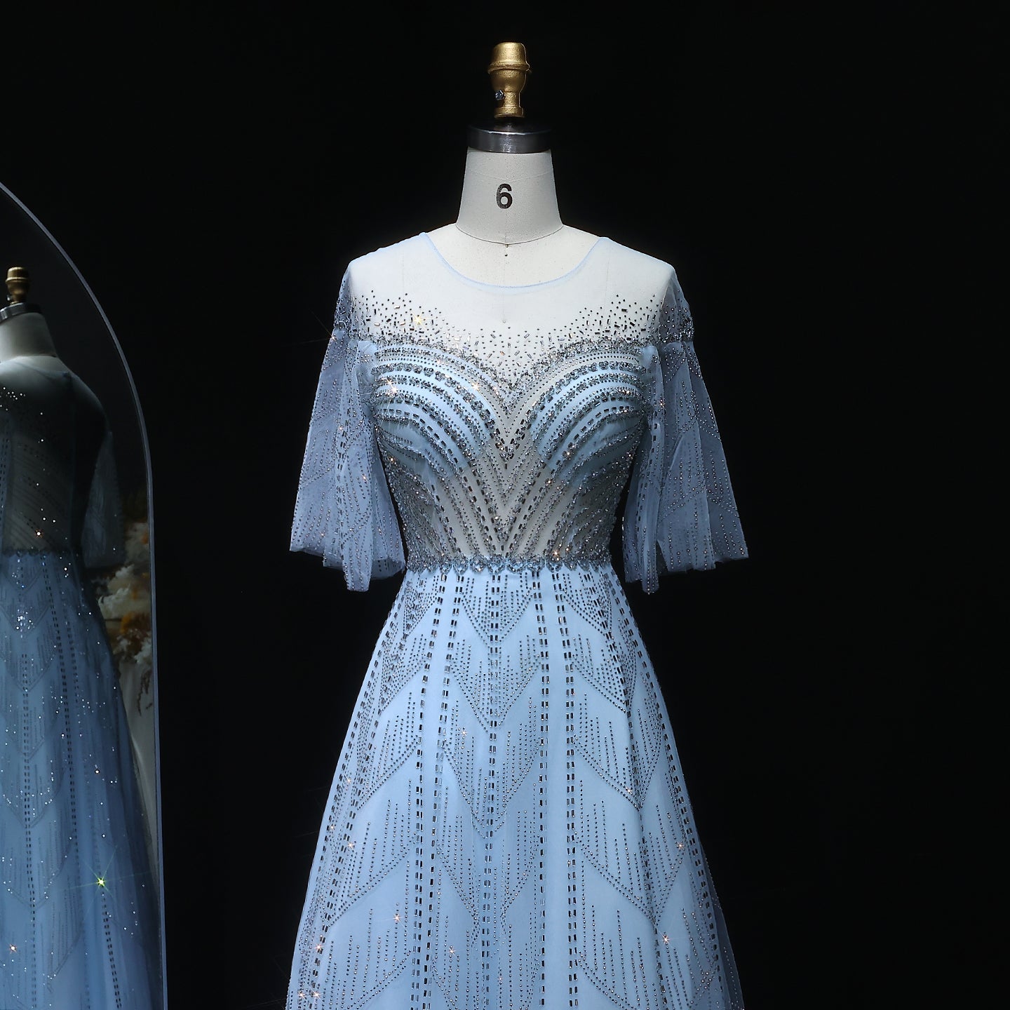 Sparkly Crystal Plus Size Women Evening Dress with Flare Sleeves SS036