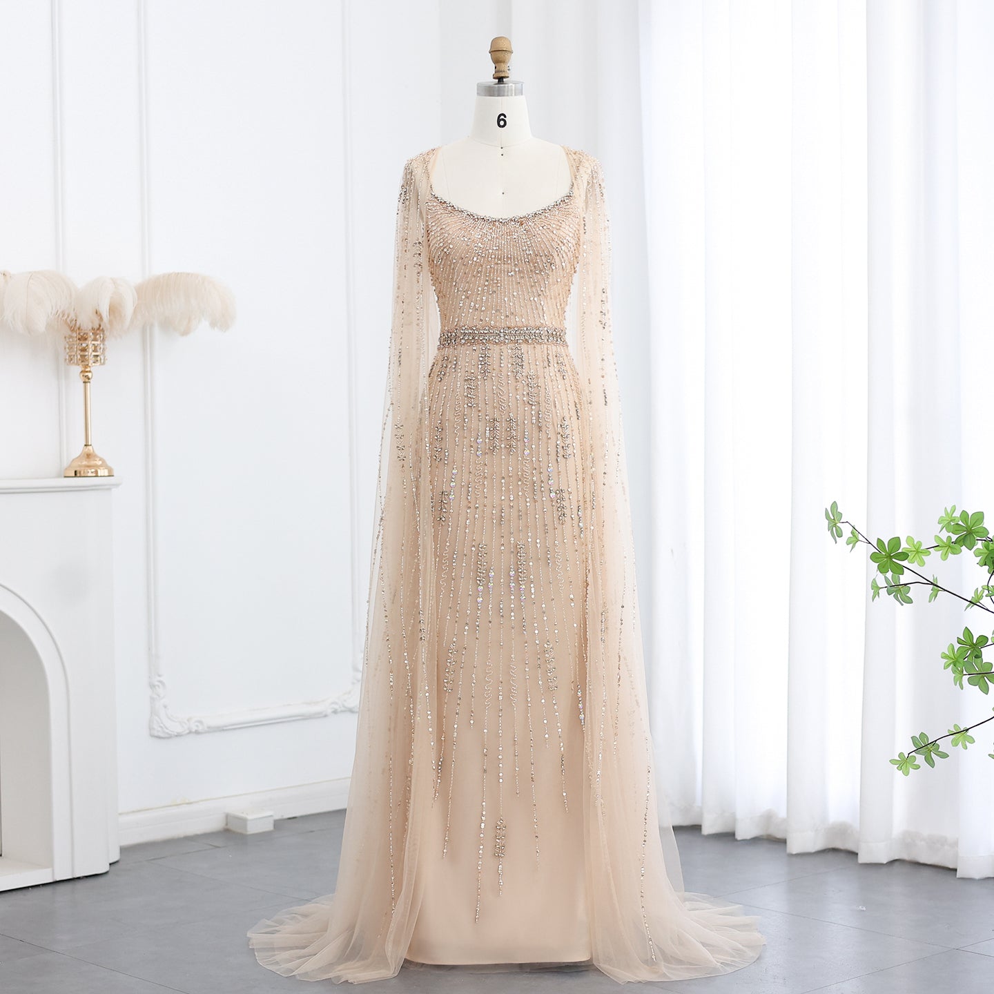 Luxury Beaded Champagne Evening Dress with Cape SS590  Champagne / US 16