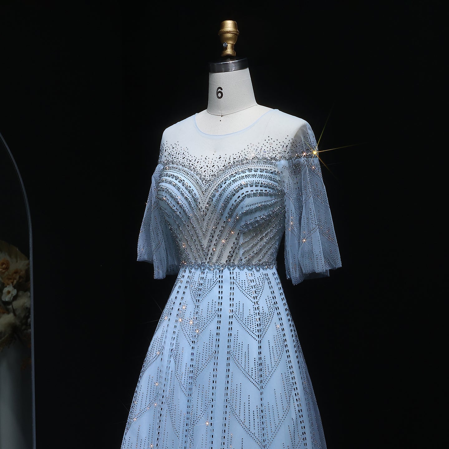 Sparkly Crystal Plus Size Women Evening Dress with Flare Sleeves SS036