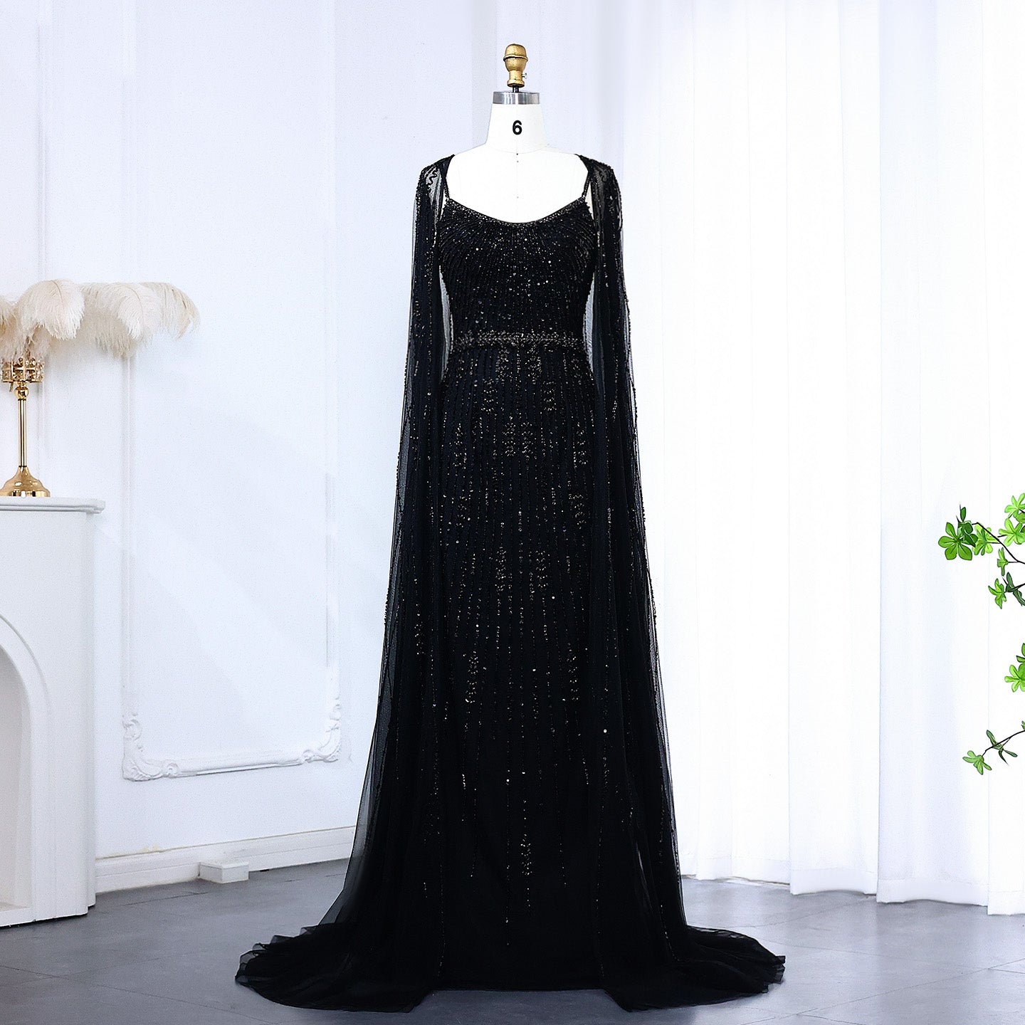 Luxury Beaded Champagne Evening Dress with Cape SS590  Black / US 16