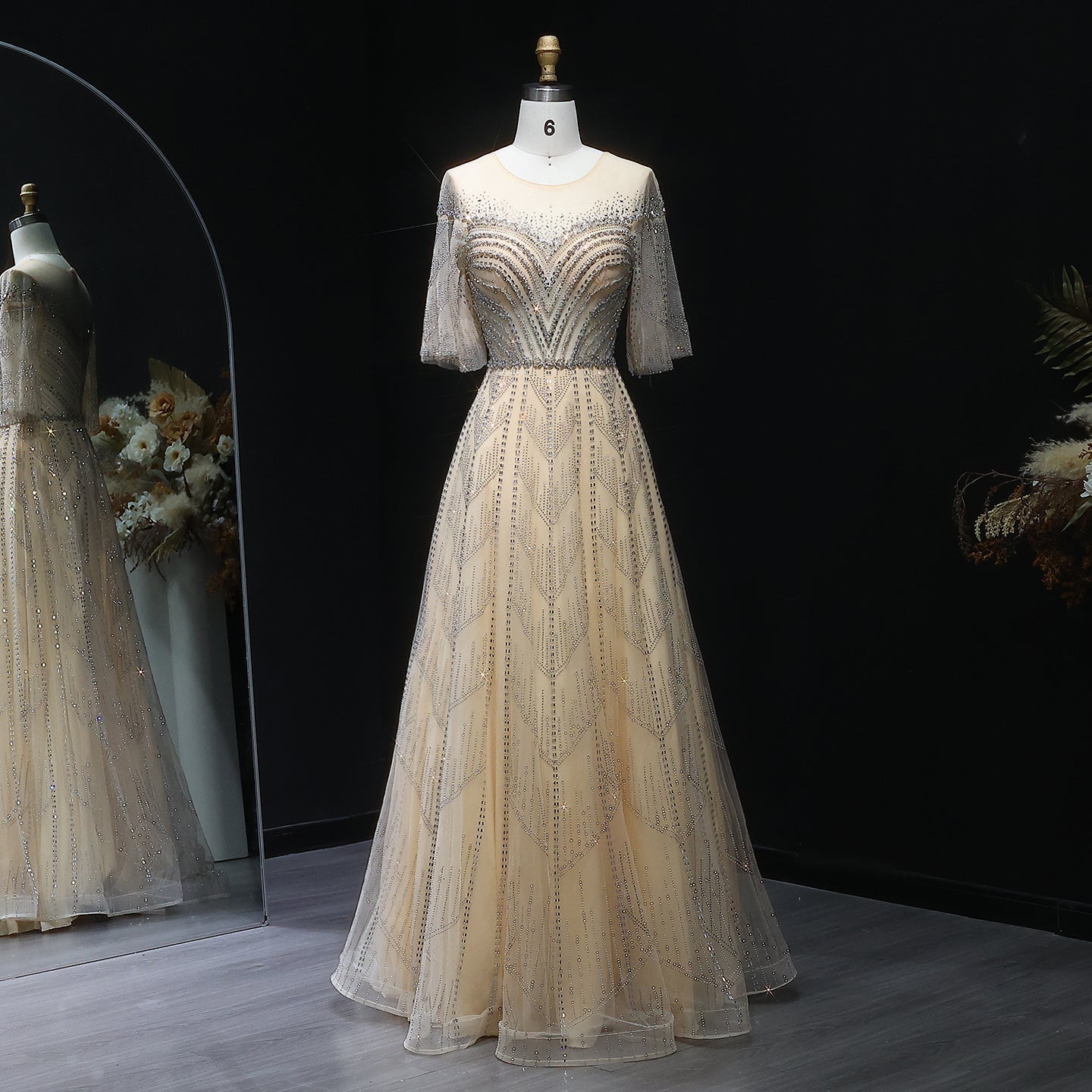 Sparkly Crystal Plus Size Women Evening Dress with Flare Sleeves SS036  Gold / US 20