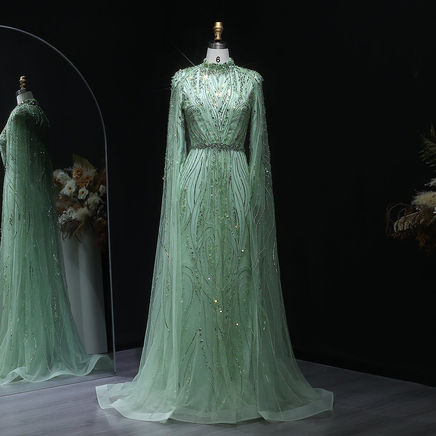 Luxury Champagne Long Sleeve High Neck Evening Dress with Cape SS366  Green / US 20