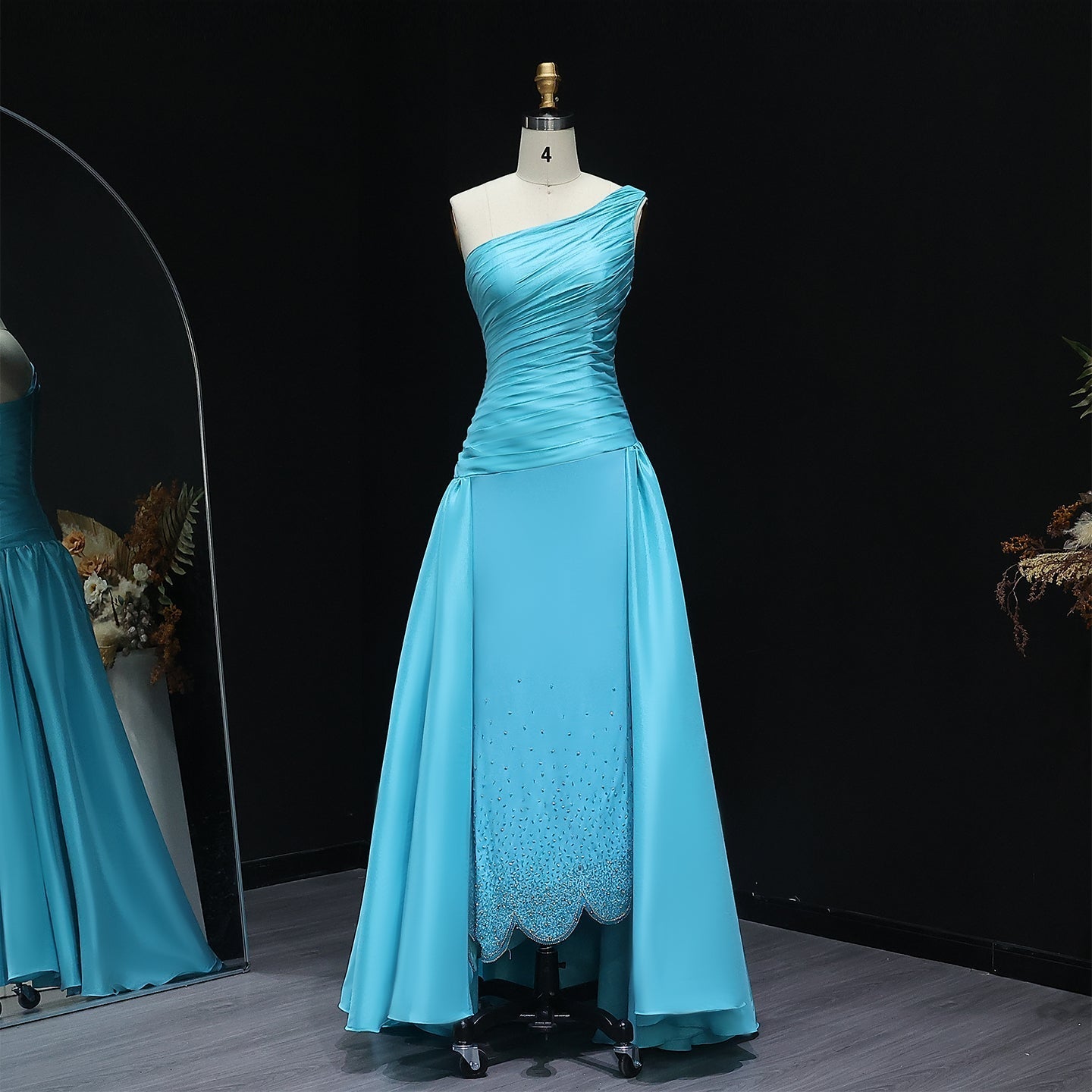 Blue One Shoulder Crystal Evening Dress with Overskirt SS231  Blue / US 18