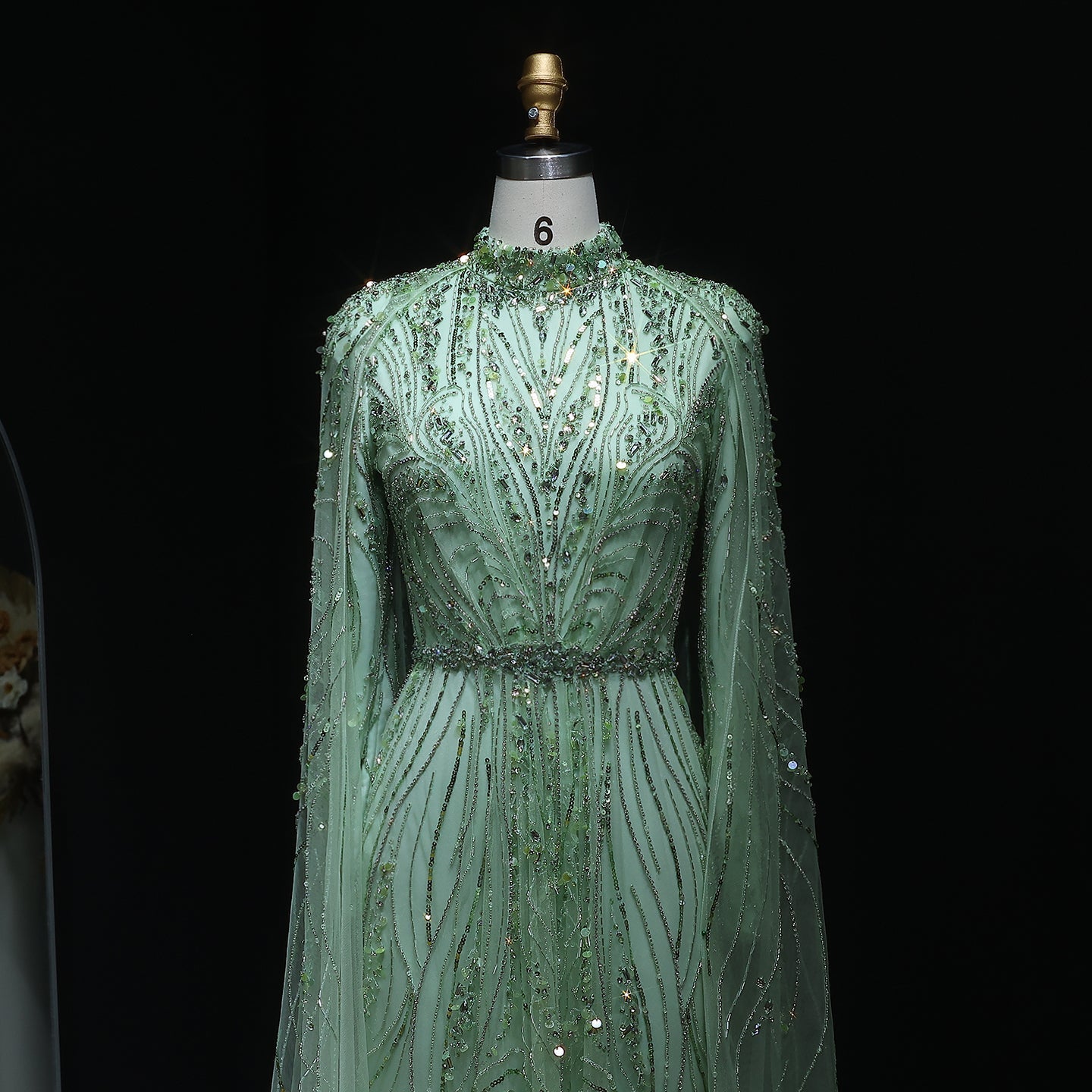 Luxury Champagne Long Sleeve High Neck Evening Dress with Cape SS366