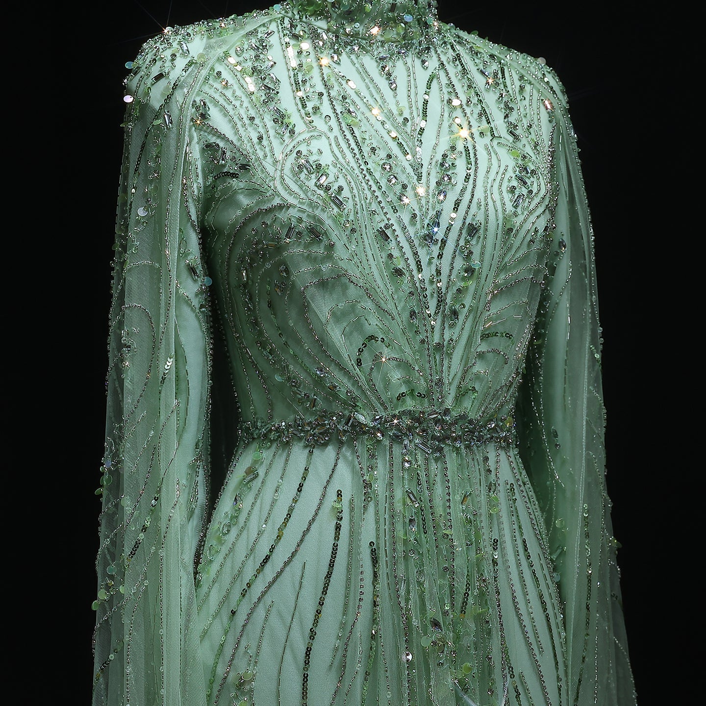 Luxury Champagne Long Sleeve High Neck Evening Dress with Cape SS366