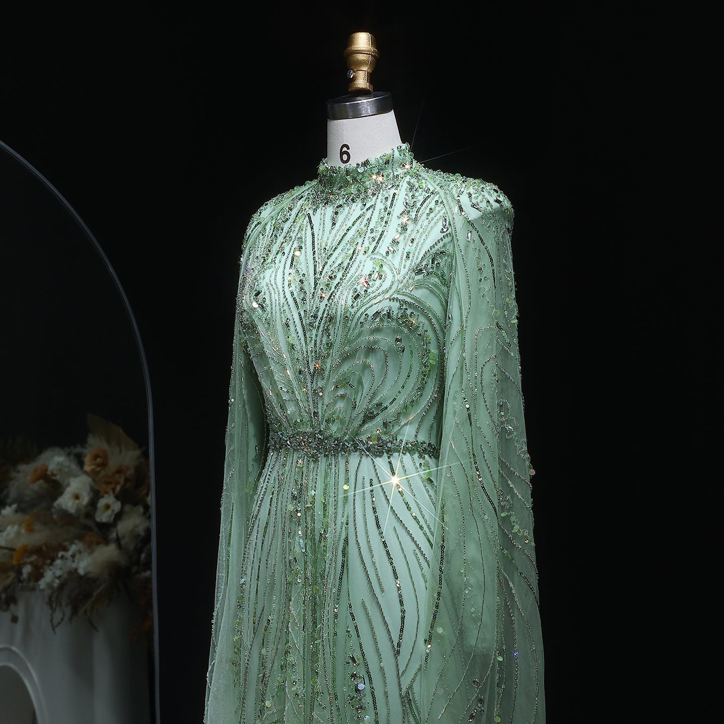 Luxury Champagne Long Sleeve High Neck Evening Dress with Cape SS366