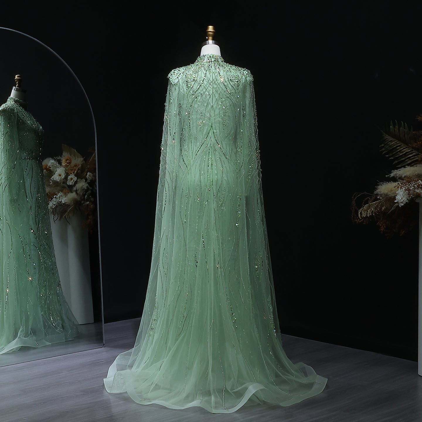 Luxury Champagne Long Sleeve High Neck Evening Dress with Cape SS366