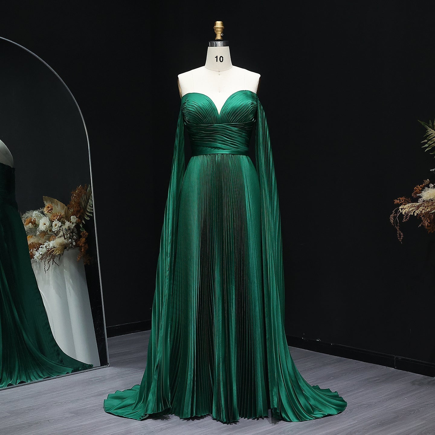 Green Off Shoulder Pleats Long Sleeve Evening Dress SF210  Green / US 20