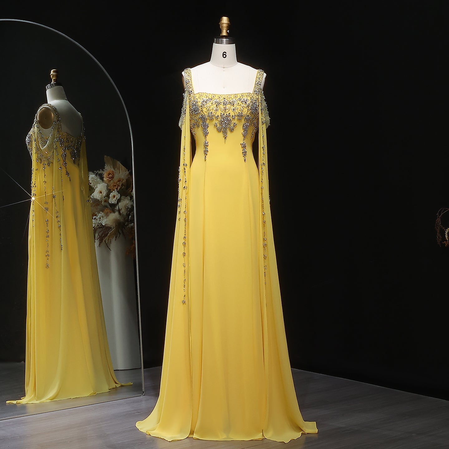 Chic Blue Crystal  Evening Dress with Flowing Cape Sleeve SS305