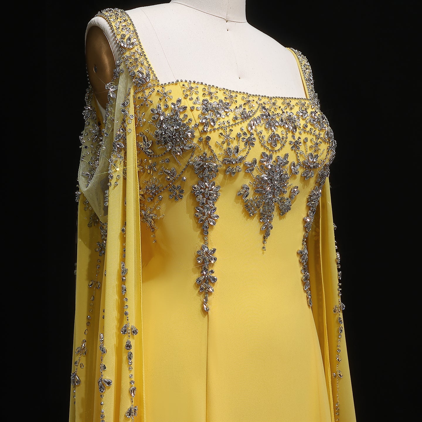 Chic Blue Crystal  Evening Dress with Flowing Cape Sleeve SS305