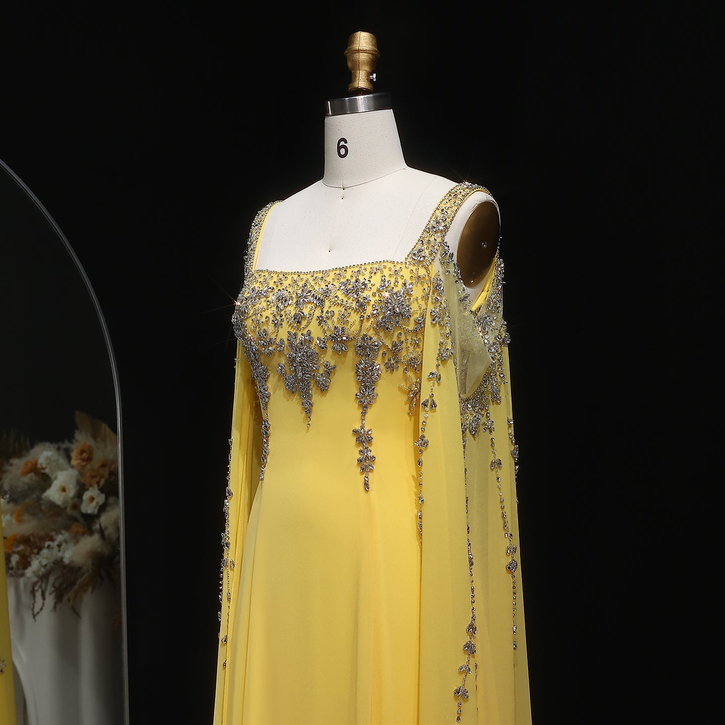 Chic Blue Crystal  Evening Dress with Flowing Cape Sleeve SS305