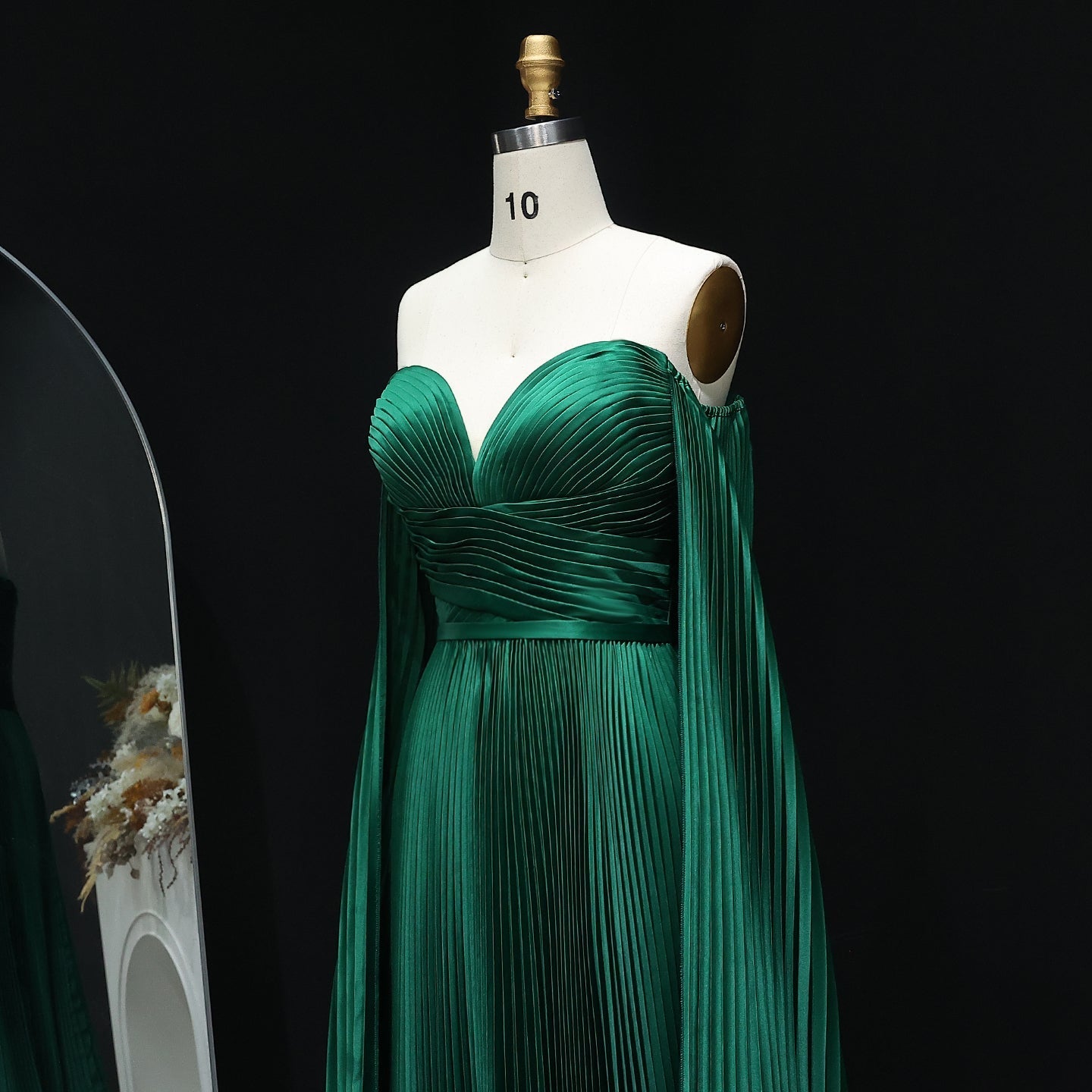Green Off Shoulder Pleats Long Sleeve Evening Dress SF210