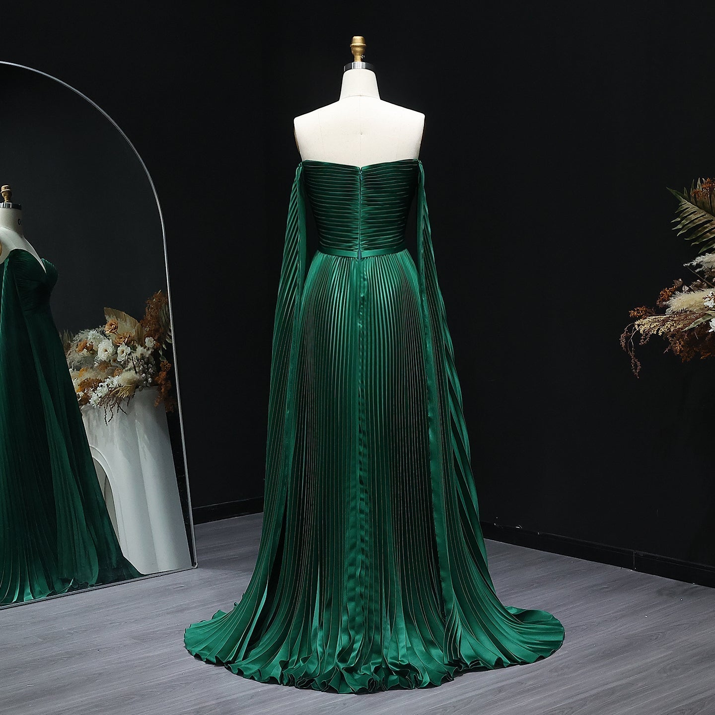 Green Off Shoulder Pleats Long Sleeve Evening Dress SF210