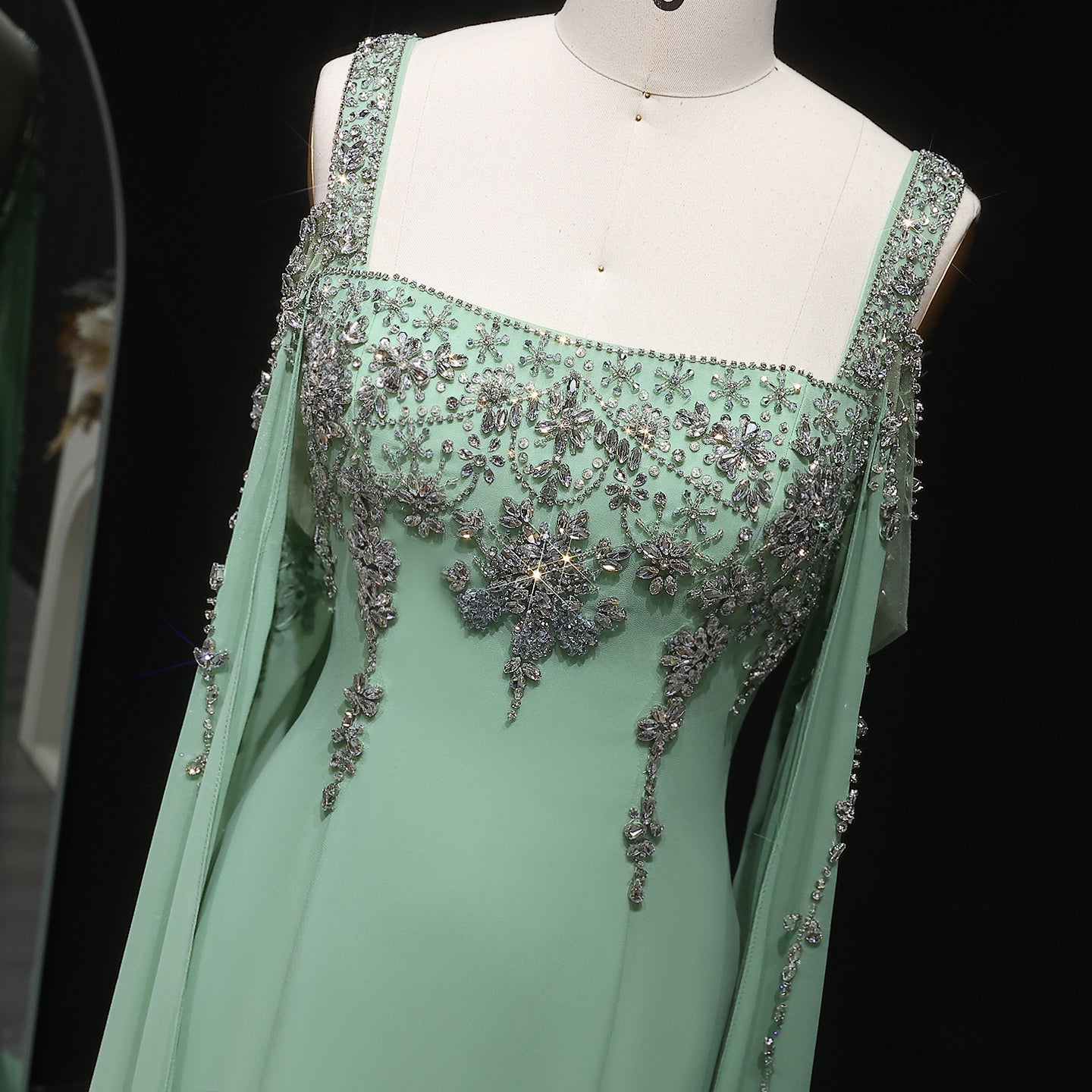 Chic Blue Crystal  Evening Dress with Flowing Cape Sleeve SS305