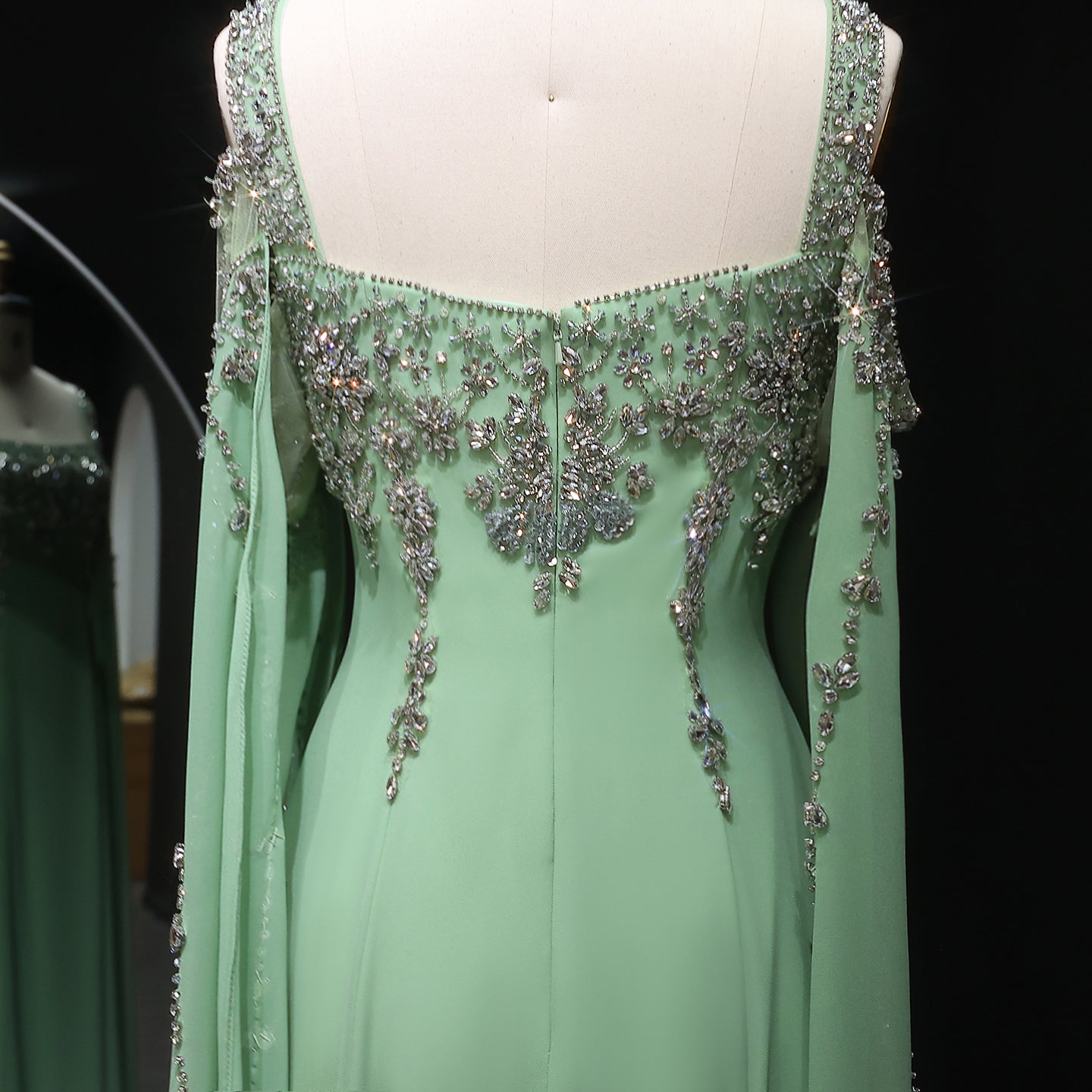 Chic Blue Crystal  Evening Dress with Flowing Cape Sleeve SS305