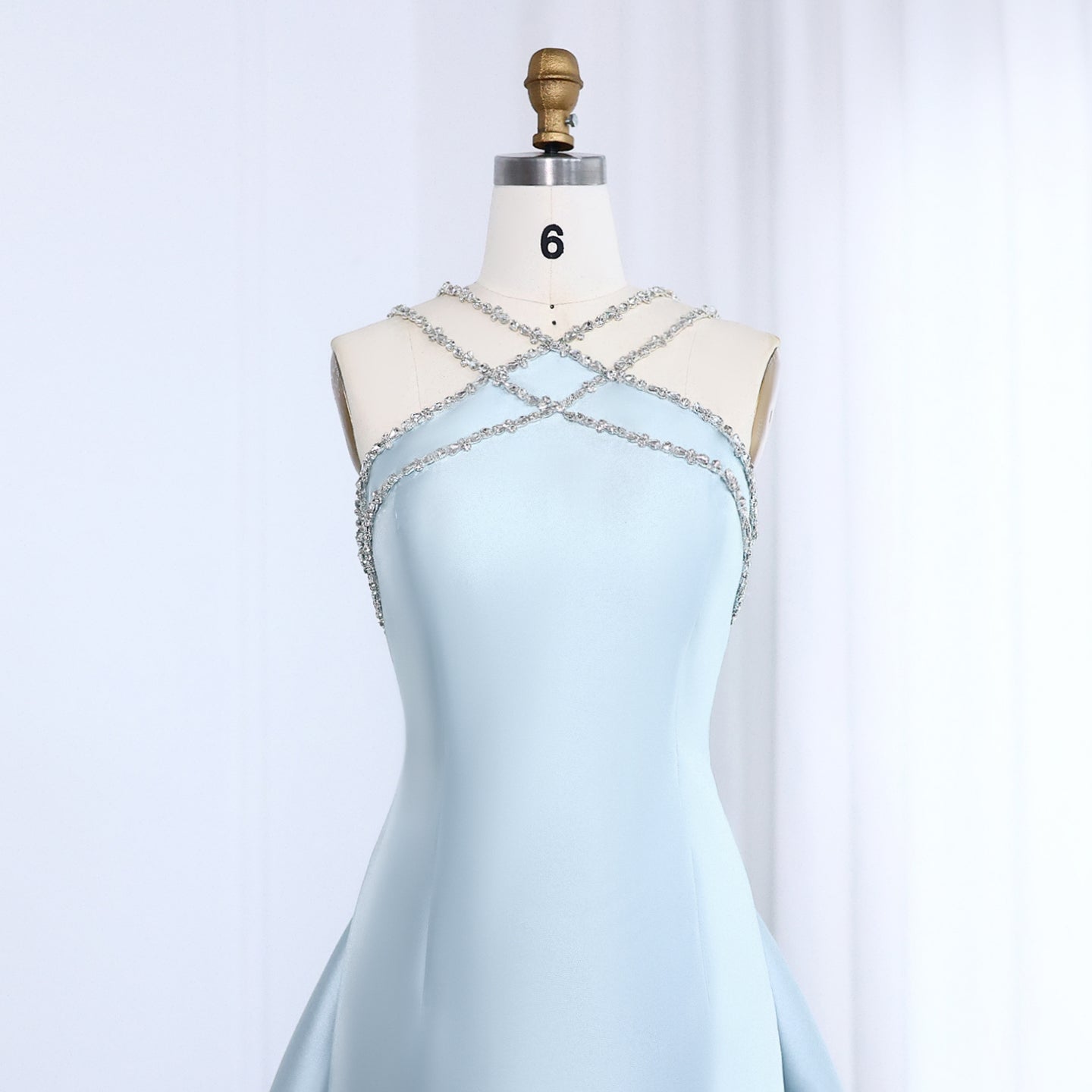 Elegant Light Blue Satin Evening Dress with Overskirt SF048